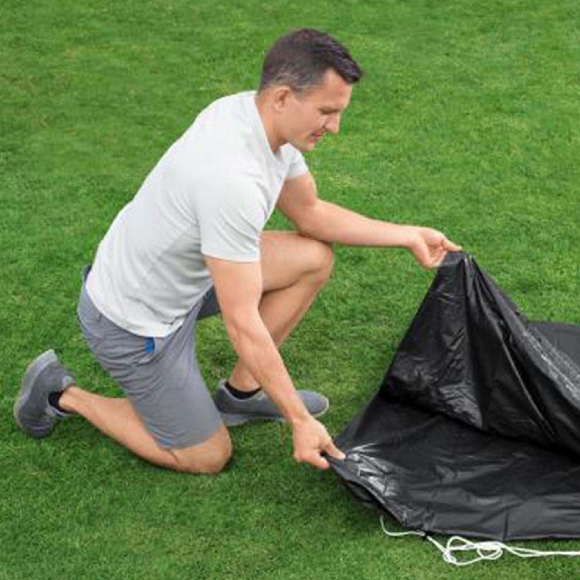 Bestway Flowclear PVC-Poolabdeckung rund 4,6 m für oberirdische Rahmenpools mit Abflusslöchern und sicheren Spannseilen, Schwarz (nur Abdeckung)