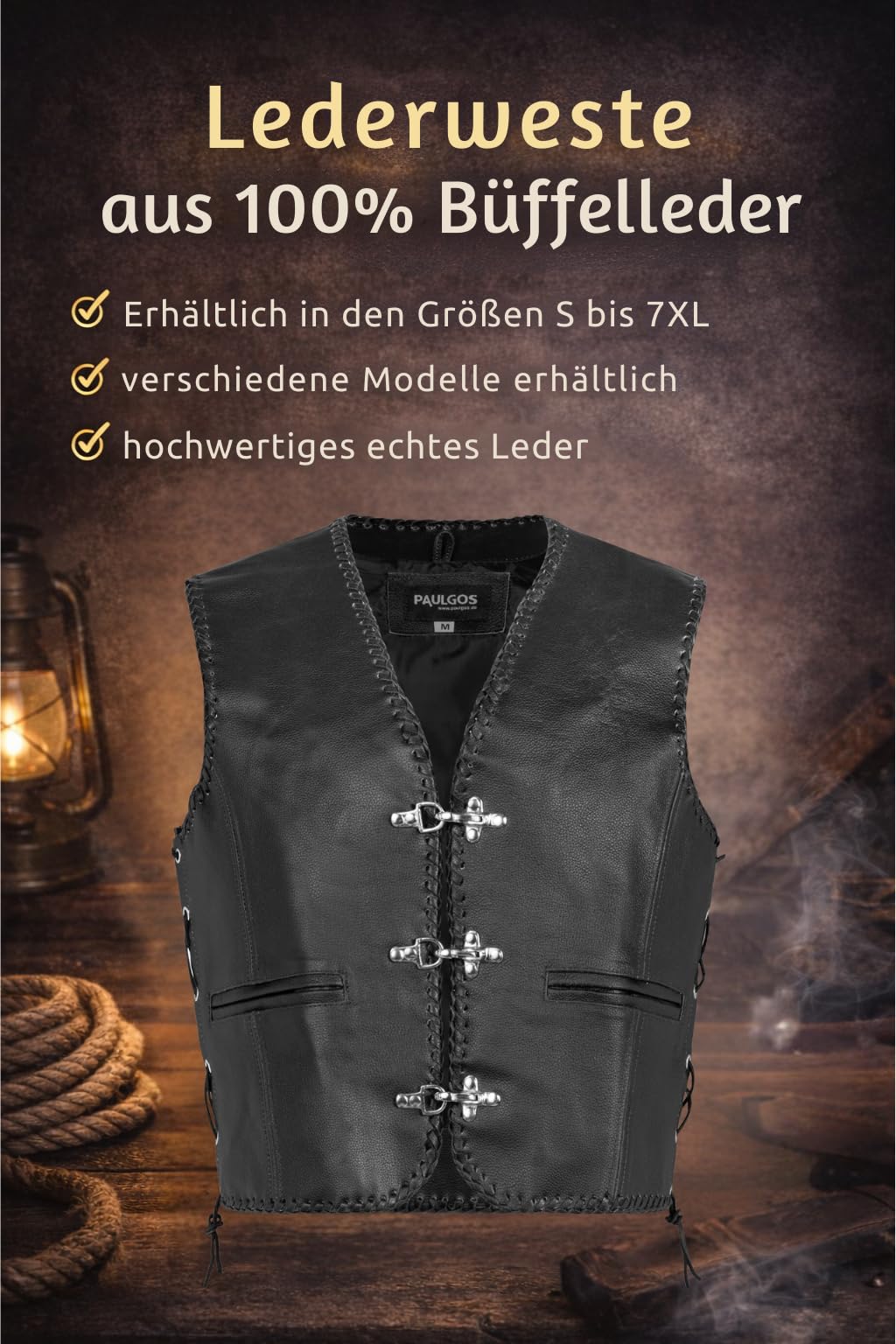 PAULGOS Lederweste Weste Kutte Leder Biker Rocker Motorrad Clubweste Bikerweste Motorradweste Schwarz BW6