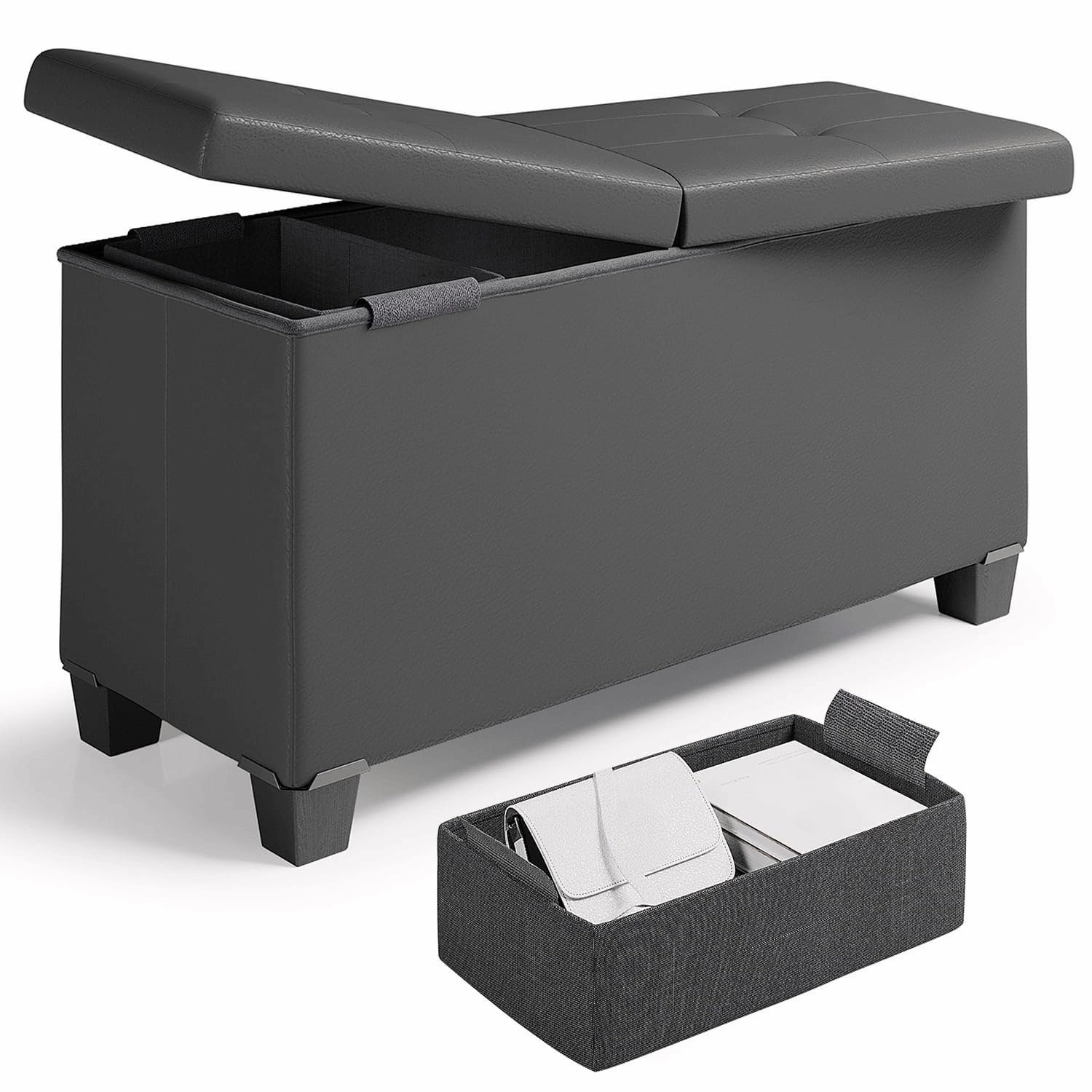 Storage Ottoman Bench with Lid, Faux Leather, Gray, 30" L x 15" W x 15" H, with 2 Removable Bins, 660 lbs Capacity