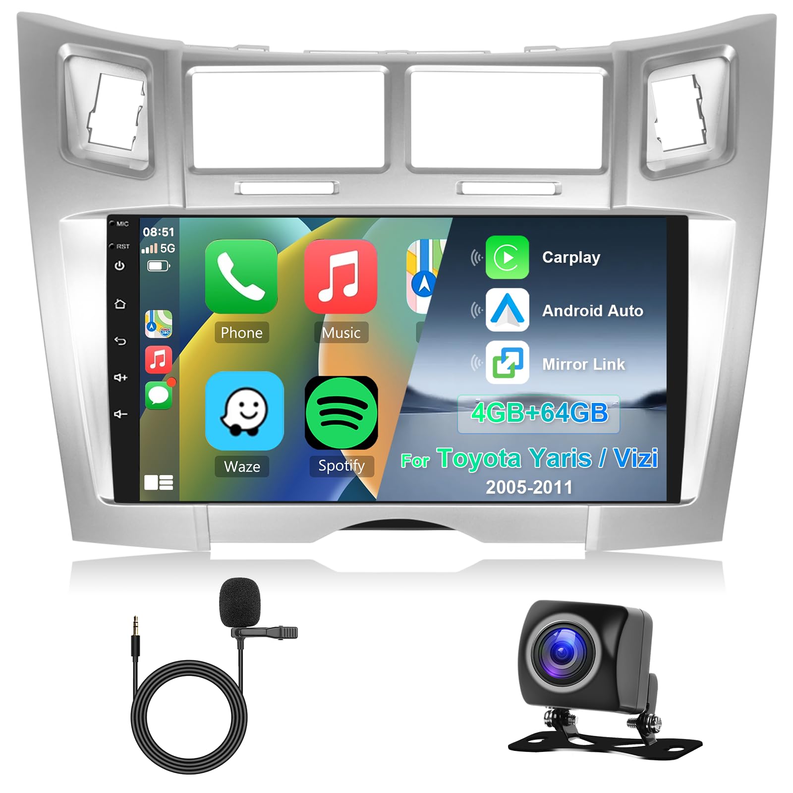 8 Core 4G+64GB Autoradio per Toyota Yaris/Vizi 2005-2011 Android 9 Pollici Touchscreen Carplay Android Auto, Radio 2 Din GPS Navigatore Bluetooth WiFi DSP WiFi FM RDS Camera Schermo per Toyota