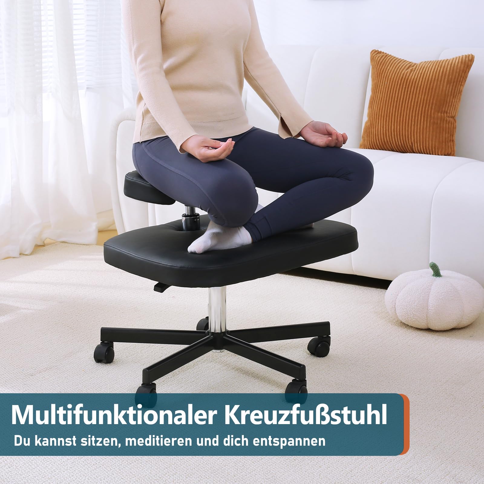 Ergonomischer Meditationsstuhl, ADHS-Stuhl mit Lendenwirbelstütze und Rädern, höhenverstellbar, Bürostuhl mit gekreuzten Beinen und Beinauflage, Criss Cross Chair (weiß)