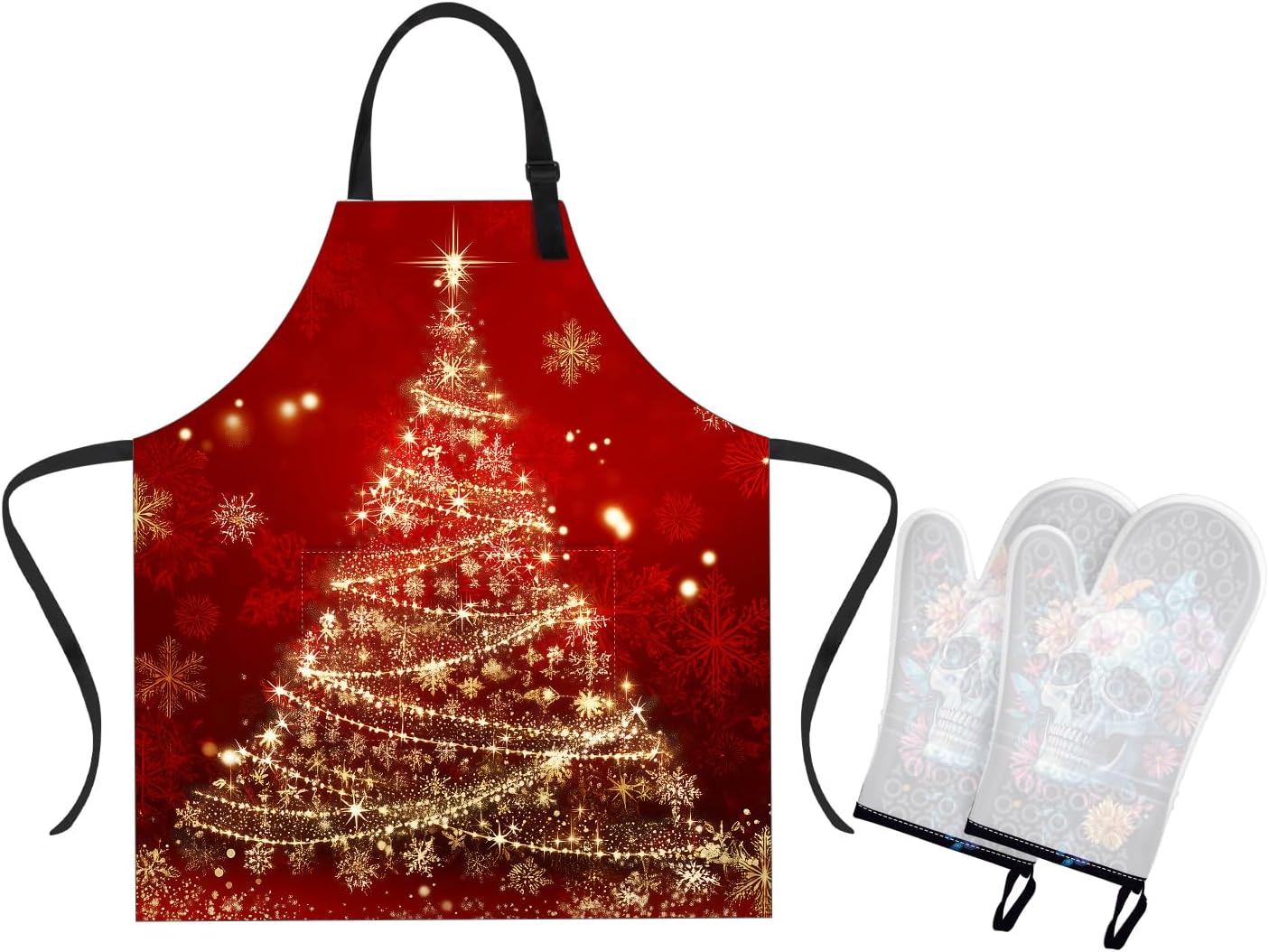 ANNA QUEEN Christmas Apron Golden Christmas Tree Women Flower Oven Mitts 2-Pack Set with Transparent Clear Silicone 1 PC Apron+ 2 PC Oven Mitts
