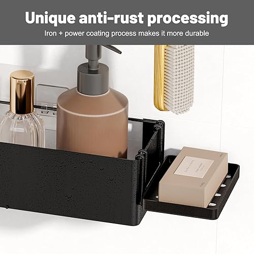 Miniatura 4 de Fixwal Paquete de 3 estantes organizadores de baño con 4 ganchos, resistente a la oxidación, estante de almacenamiento adhesivo fuerte con soporte