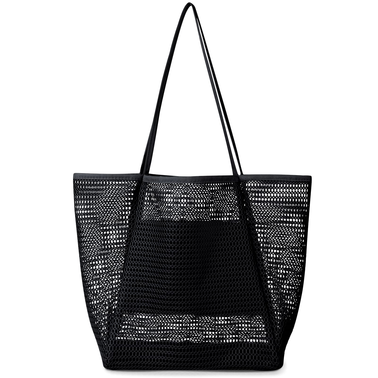 Holiday Essentials Beach Bag for Women Large Mesh Tote Bags with Zip Pocket, Summer Personalised Shoulder, Reusable Foldable Shopping, Ladies Picnic Pool Gym Travel Grocery, Black