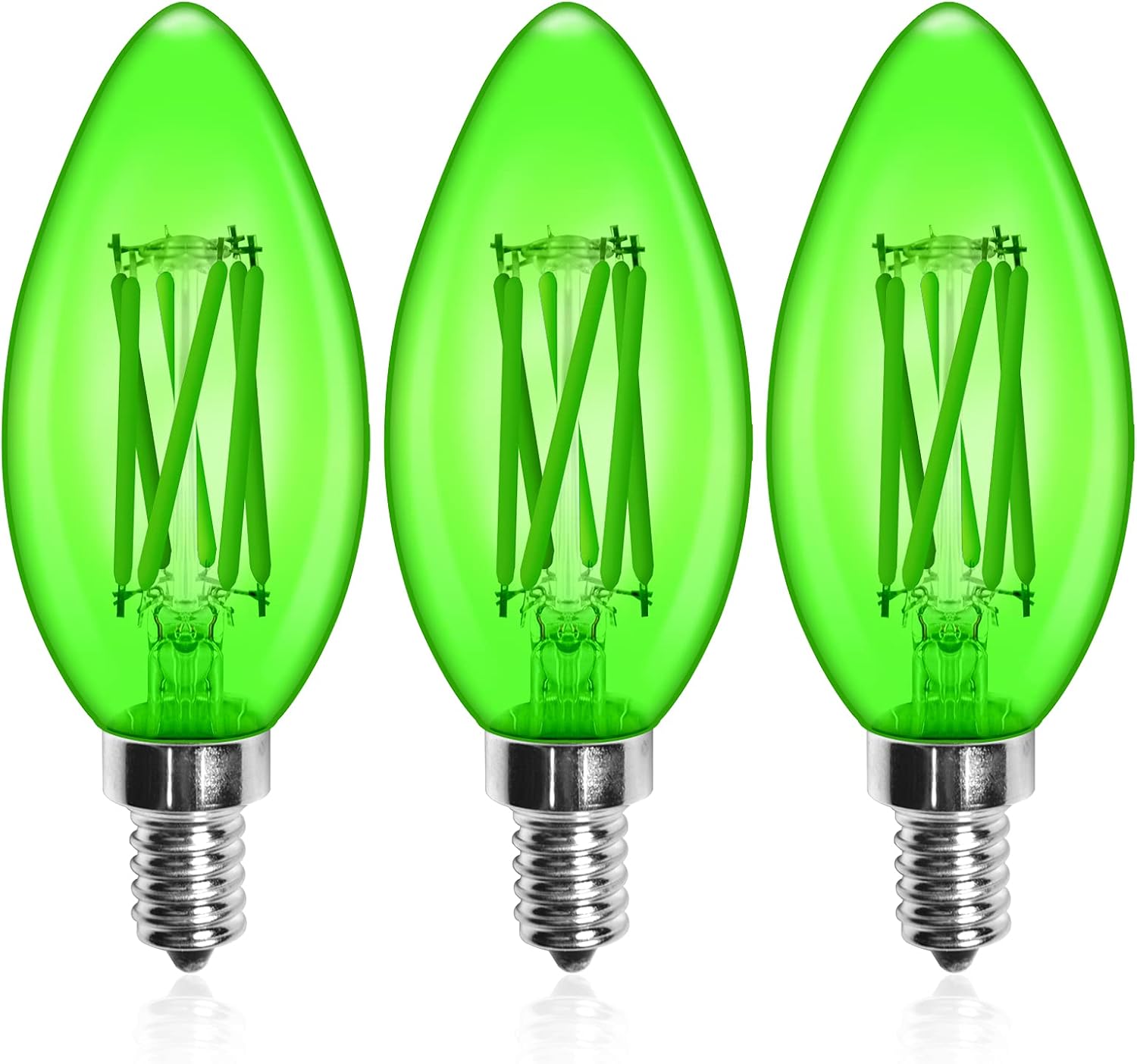 Lustaled Green Light Bulb E12 LED C35 Edison Dimmable, 6W Candelabra E12 Base LED C35 Filament Bulbs Transparent B10 LED Colored Candelabra Lights 60W Equivalent for Holiday Christmas Cafe (3-Pack)