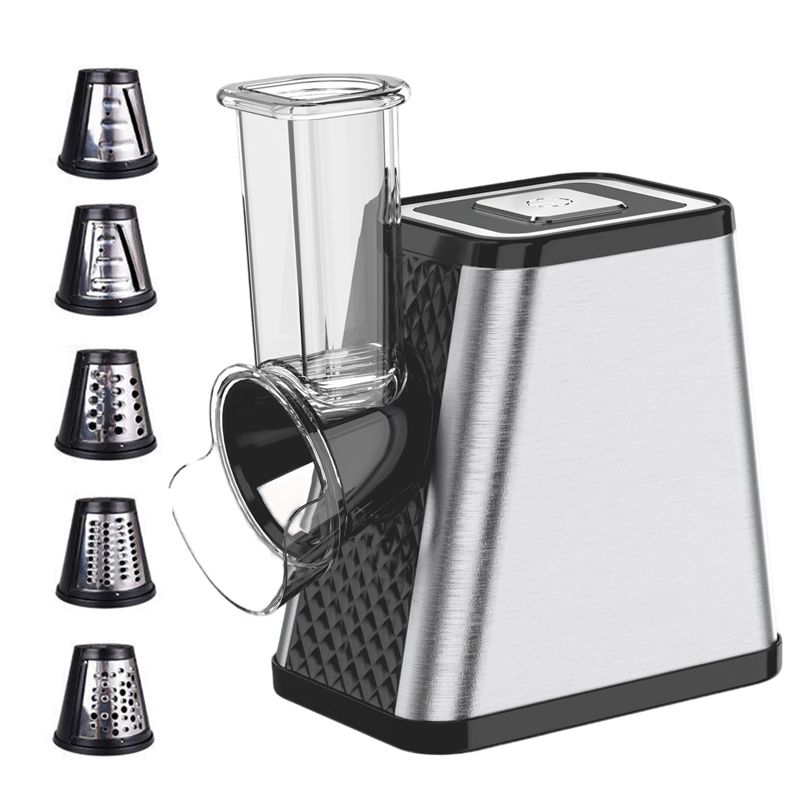 Gemüseschneider Elektrisch 5-in-1, 500W Elektrischer Gemüsehobel mit 5 Edelstahl-Klingen für Käse, Gemüse, Obst – Elektrische Küchenreibe & Gemüsereibe