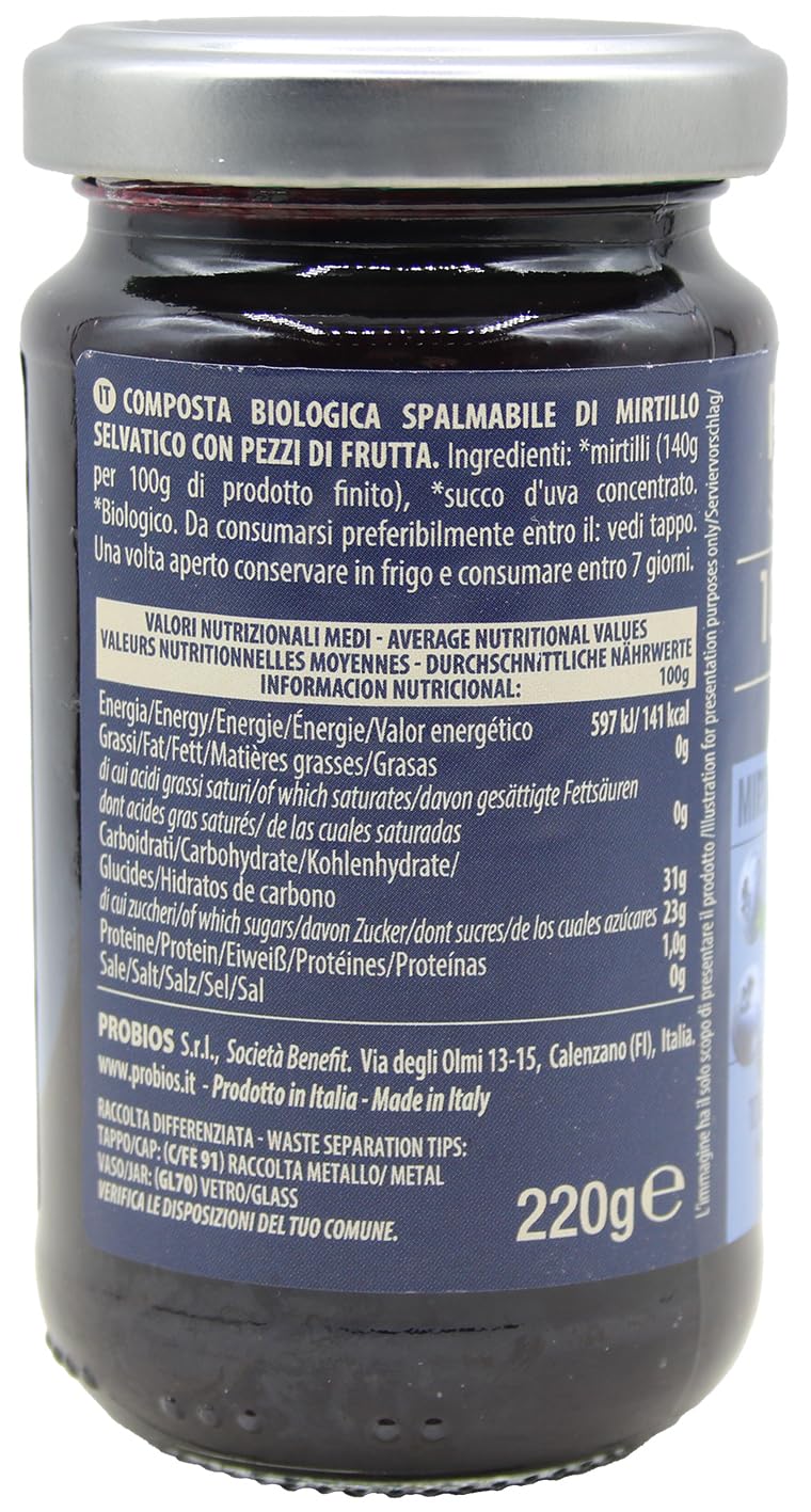 Probios Composta di Mirtilli Bio - Senza Glutine e Composta di Frutta Senza Zucchero - Dolcezza e Sapore Naturale senza Pectina Aggiunta - Confezione da 6 x 220 g