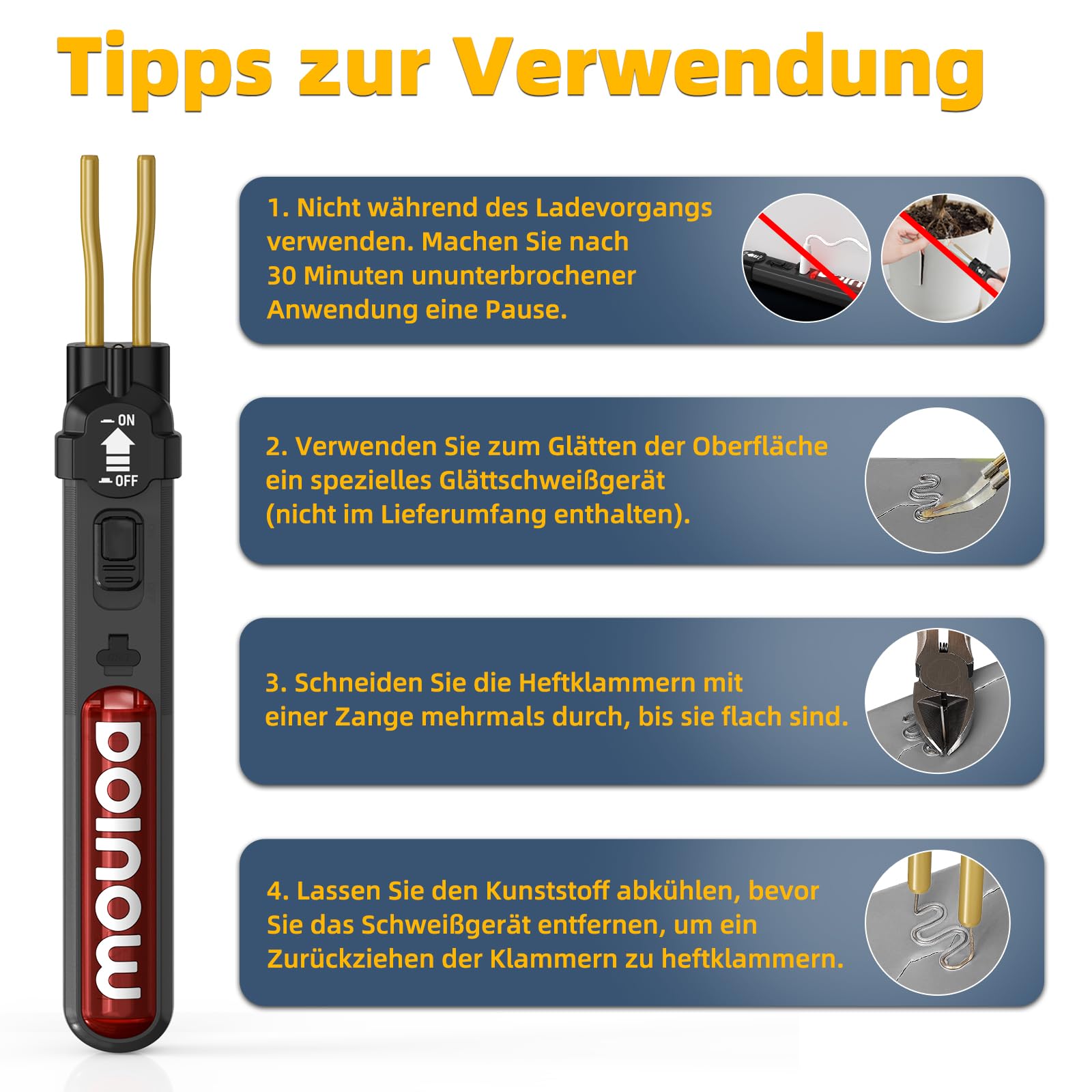 Saldatore per Plastica senza fili, kit di riparazione paraurti Auto con 300pcs 6 Tipo Graffette, interruttore on/off, ricarica USB-C, mini Saldatrice Plastica per riparazione paraurti auto
