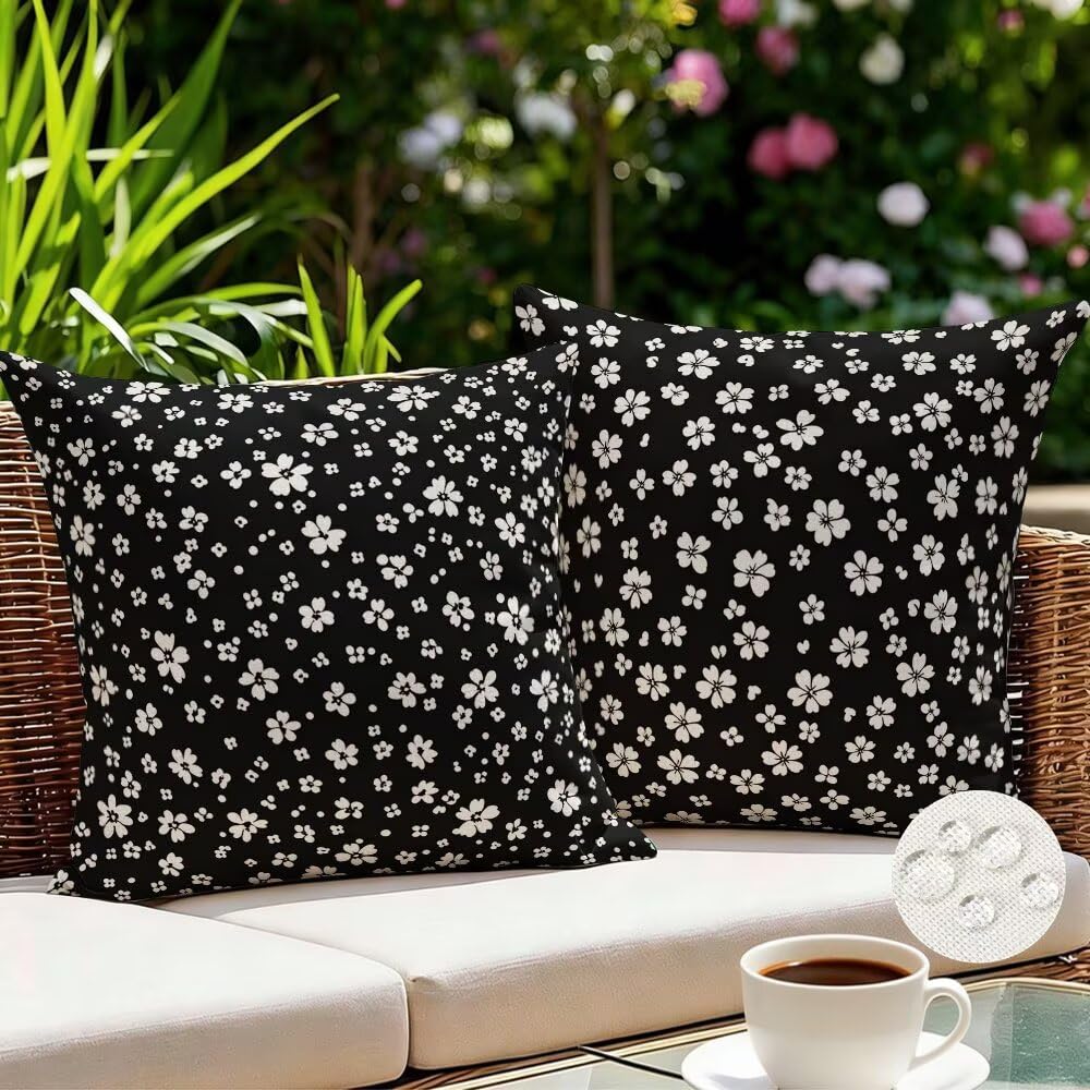 Federe Cuscini da Esterno Impermeabili 65x65 Bianco e Nero Copri Cuscini per Divano Floreale Federa Cuscino Primavera Decorativi Copricuscini per Divano Giardino Patio Soggiorno Set di 2 (IU143)