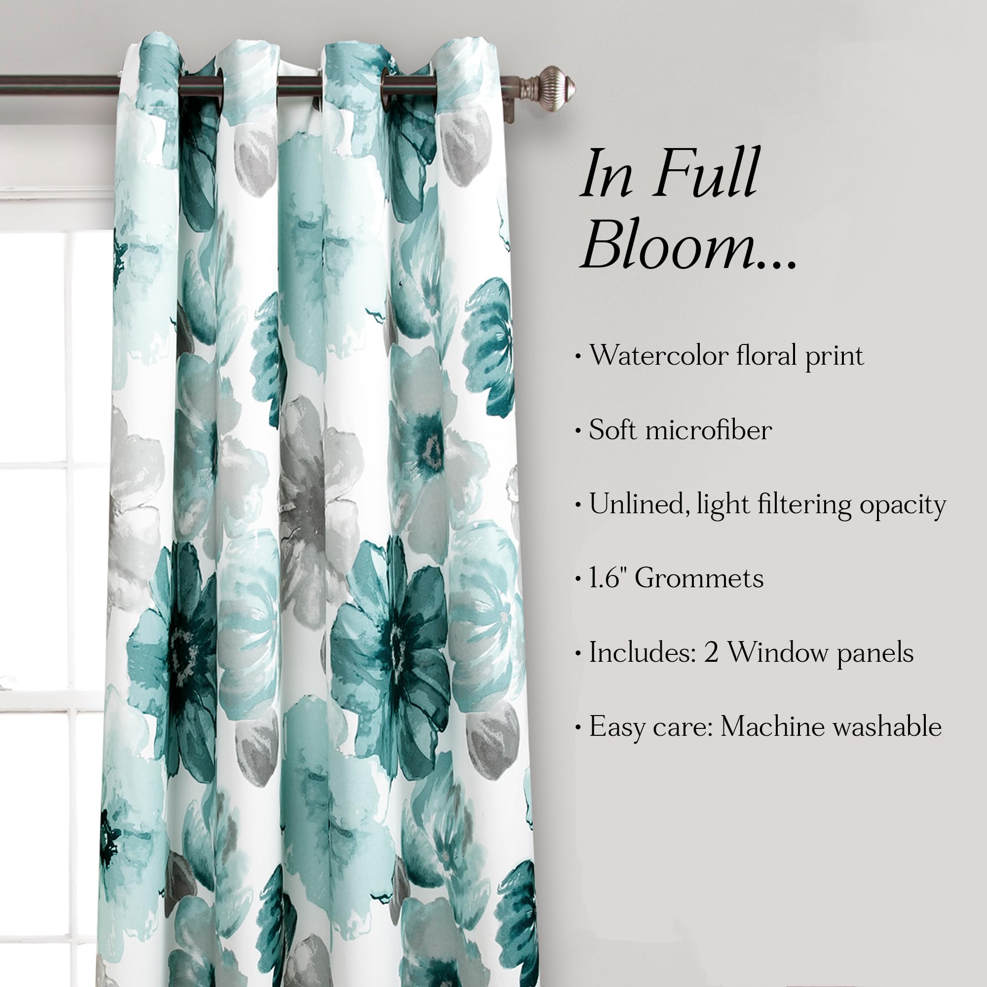 Lush Decor Leah Paire de Rideaux de fenêtre filtrants pour Salon, Chambre et Salle à Manger, Motif Floral printanier Aquarelle Bleu, 132,1 x 160 cm (l x L)