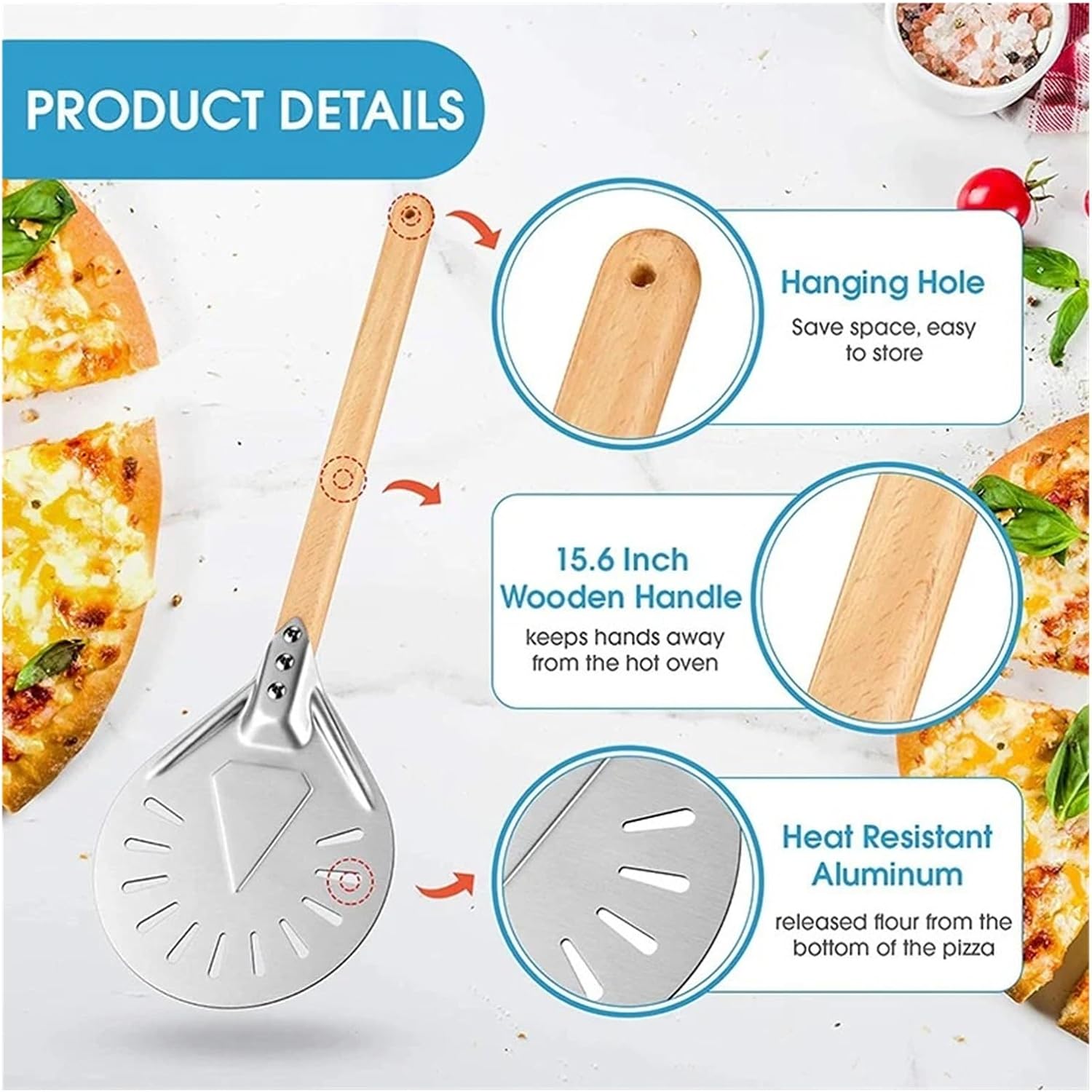 Aluminum Pizza Shovel Peel Lifter Tools Non Slip Wooden Handle Cake Bread Paddle Baking Turner Accessorie(35cm Black 40cm H)
