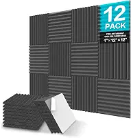 JBER Pacote com 12 painéis de espuma à prova de som, painéis de espuma acústica autoadesivos de 2,5 x 30,5 cm x 30,5 cm, painéis acústicos de alta densidade, painéis de parede à prova de som para tratamento Home Studio (carvão)