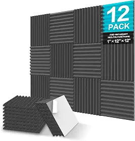 JBER Pacote com 12 painéis de espuma à prova de som, painéis de espuma acústica autoadesivos de 2,5 x 30,5 cm x 30,5 cm, painéis acústicos de alta densidade, painéis de parede à prova de som para tratamento Home Studio (carvão)