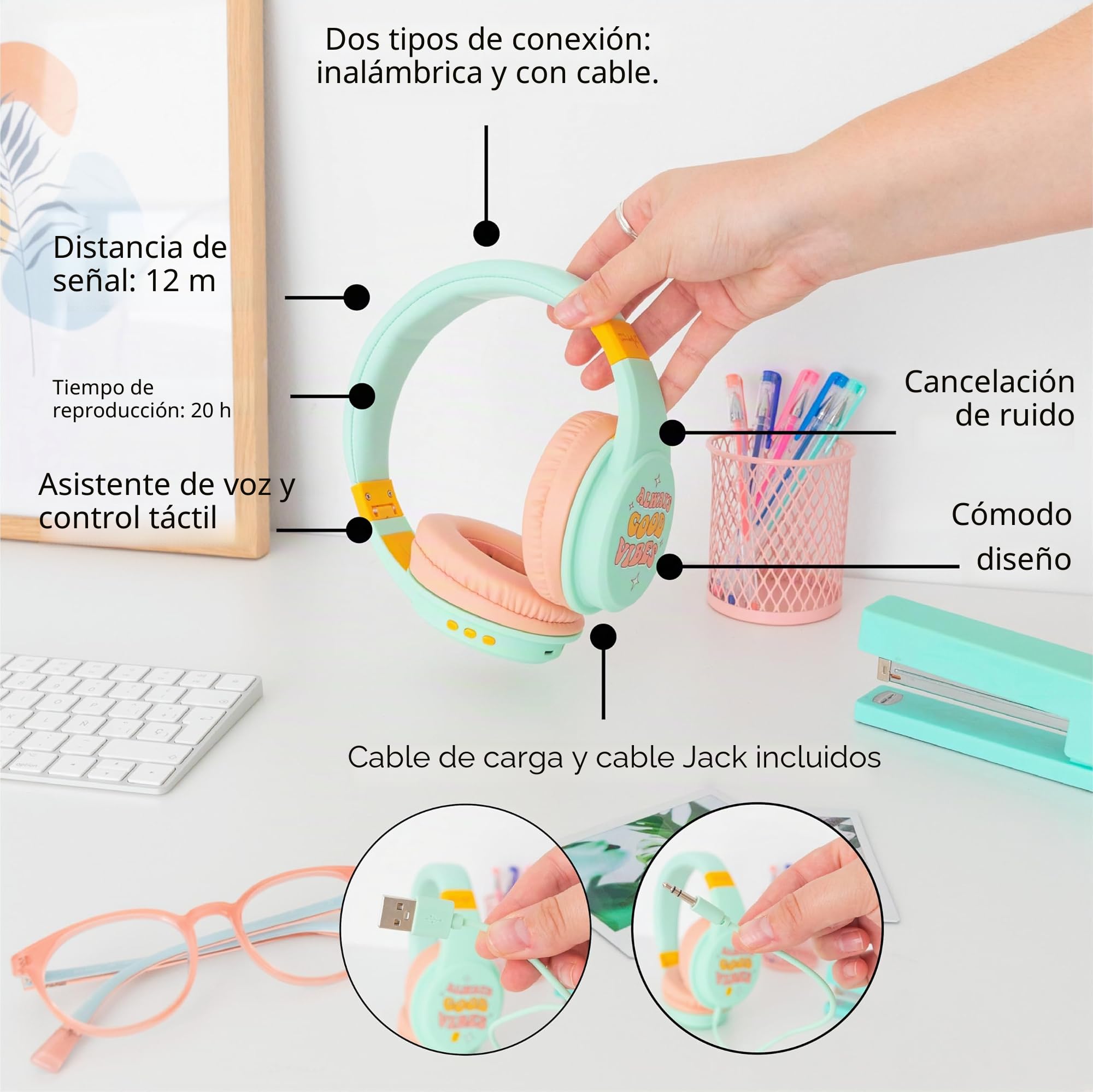 WONDEE Mr Wonderful Regalos, Auriculares/Cascos Inalámbricos Bluetooth Diadema, Calidad de Sonido con Diseño Exclusivo y Alegre - Cascos con Cancelación de Ruido, Auriculares Diadema Gym