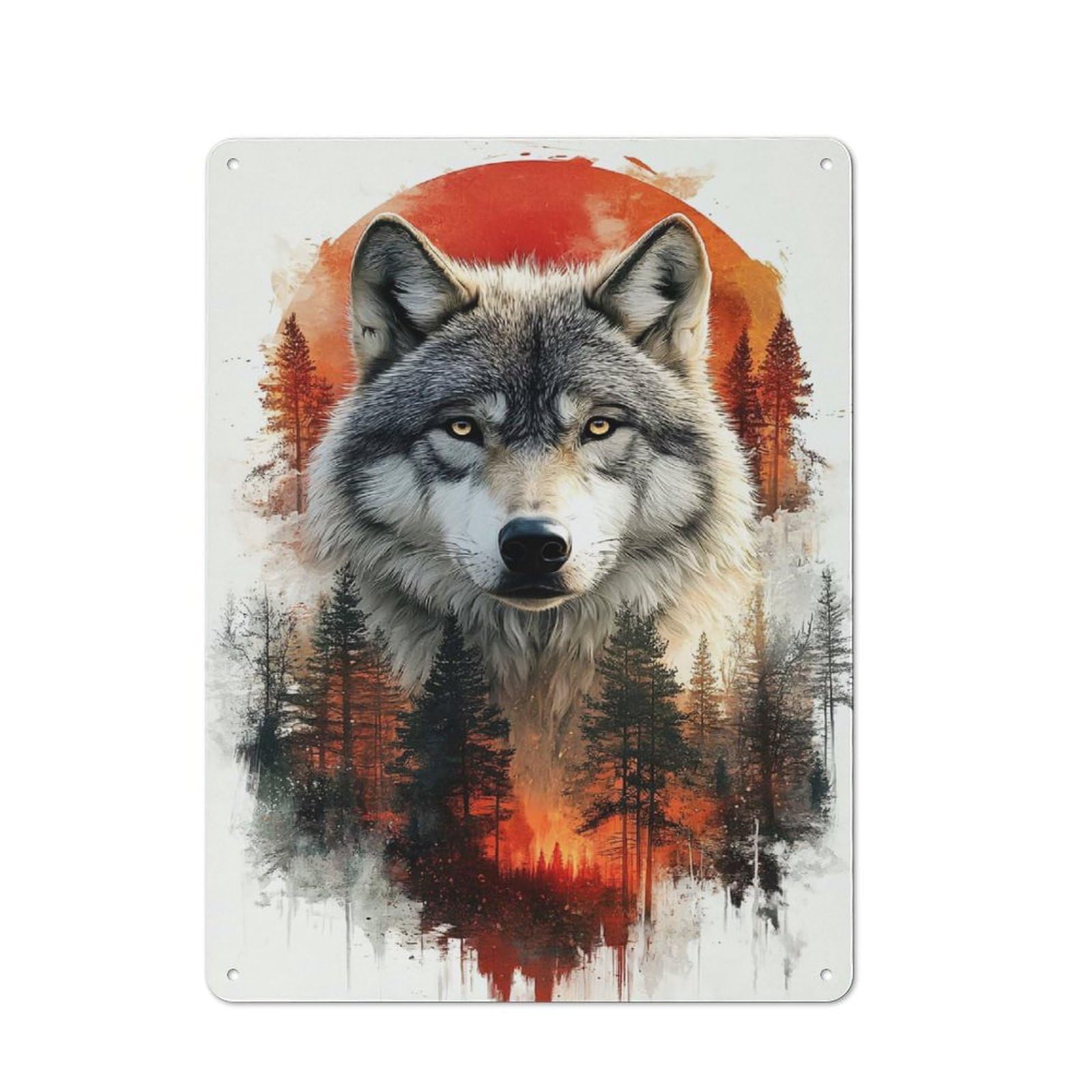 Junmoney Style-4 Industrial Metal Sign With Wolf Portrait With Forest And Sunset Design 40X30cm, Clean Industrial Urban Room Decor For Flat, Bar, Studio Or Gallery Wall