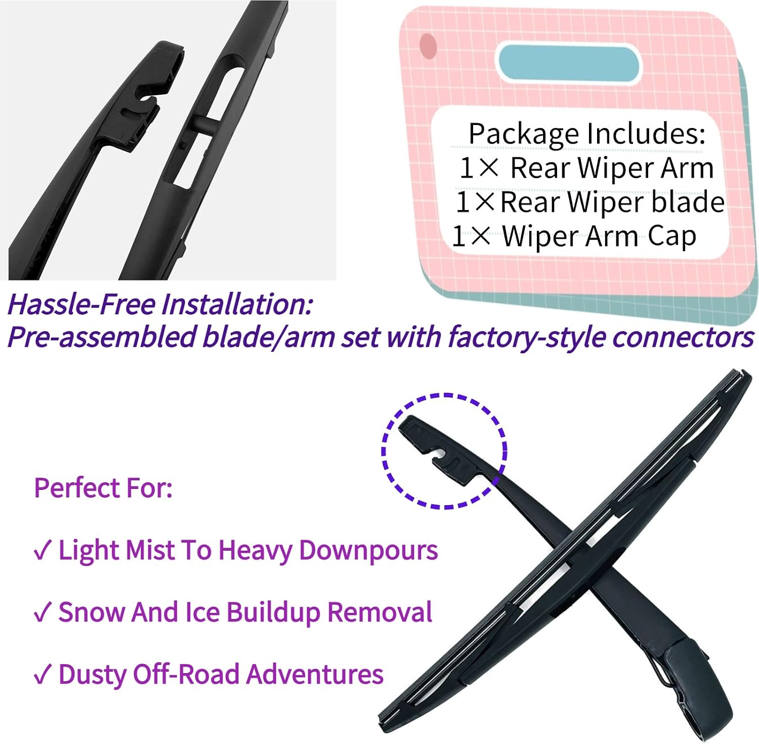 Rear Wiper Blade & Arm Replacement for Jeep Grand Cherokee 2022-2025 2024 2023 - OEM Fit for Altitude Laredo Overland Summit Trailhawk Models - All-Season Rear Back Windshield Wiper Blade Set