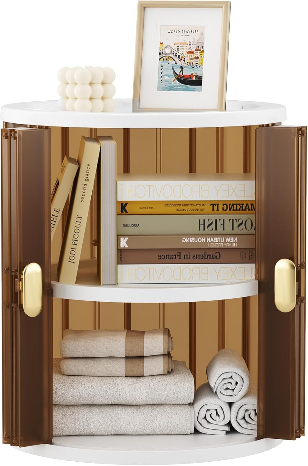 Round Nightstand, Modern End Table with Accordion Door, Semi-Transparent Coffee Table for Bedroom, Living Room, and Home Office (Brown) Brown/White