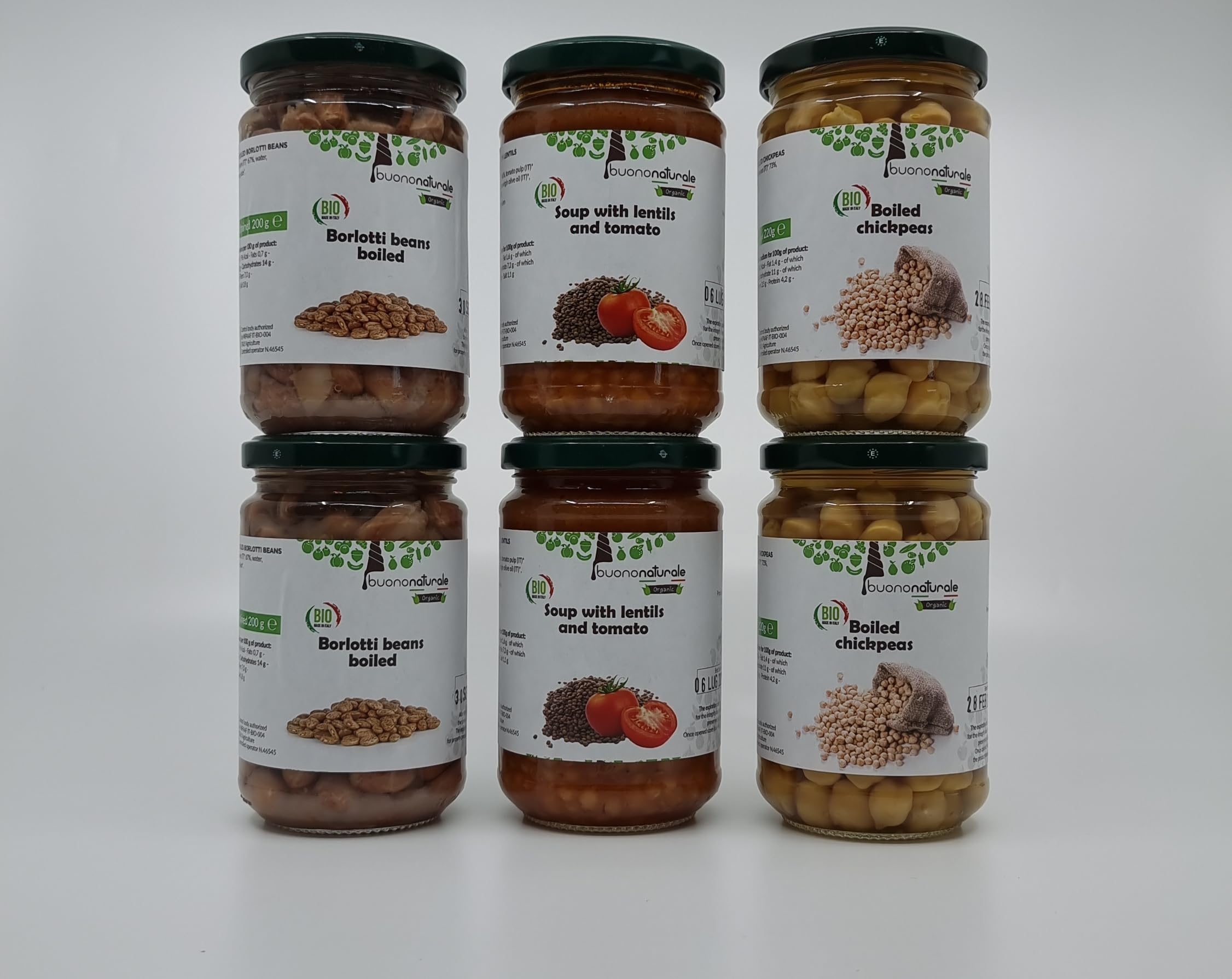 buononaturale Boîte aux légumes BIO 1,8kg — mélange de légumineuses italiennes bouillies: 2pcs Lentilles au tomate BIO, 2pcs Haricots borlotti bouillis BIO et 2pcs Pois chiches bouillis BIO (6x300g)