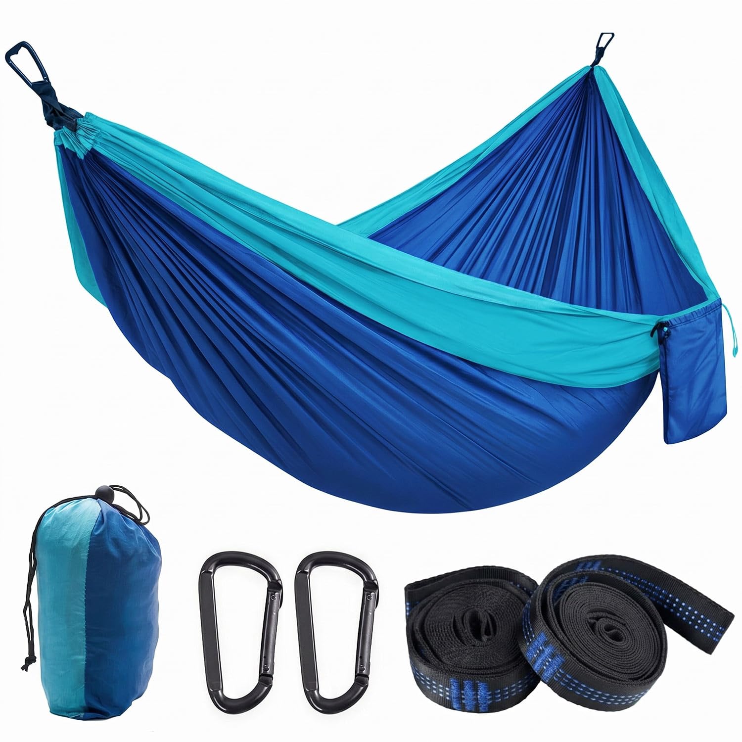 Camping Hängematte Outdoor, Ultraleichte Tragbare Hängematten mit Karabinern und Baumgurten, Campingausrüstung für Kinder, Nylon Reisebaum Hängematten für Garten Wandern Draußen, 270 x 140 cm(Blau)