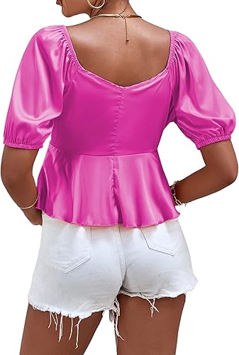 Miniatura 2 de LYANER Blusa de satén con cuello en V profundo y manga corta abombada y dobladillo con volantes en la parte delantera