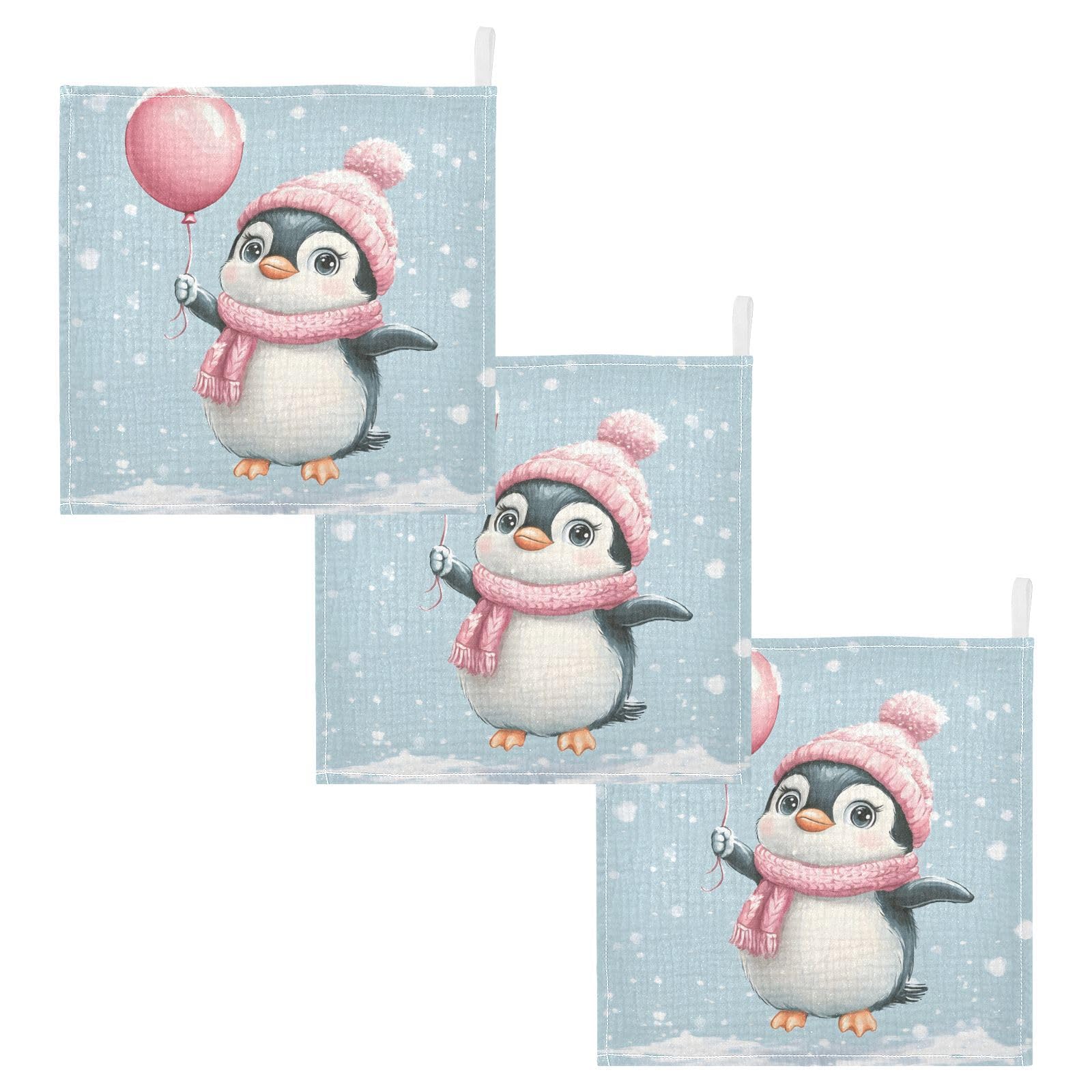 Nander Cute Christmas Penguin Baby Muslin Washcloths 3PCS- Soft Face Cloths for Newborn Absorbent Bath Wash Cloths Wipes
