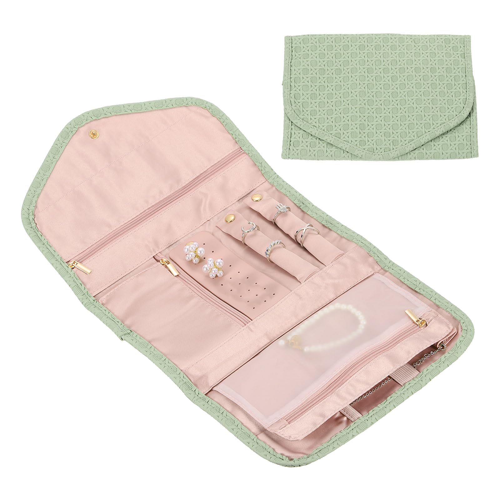 uxcell Travel Jewelry Case Organizer, Foldable Jewelry Travel Organizer PU Jewelry Storage Roll Jewelry Case for Women Gift Necklaces Earrings Rings Bracelets, Light Green