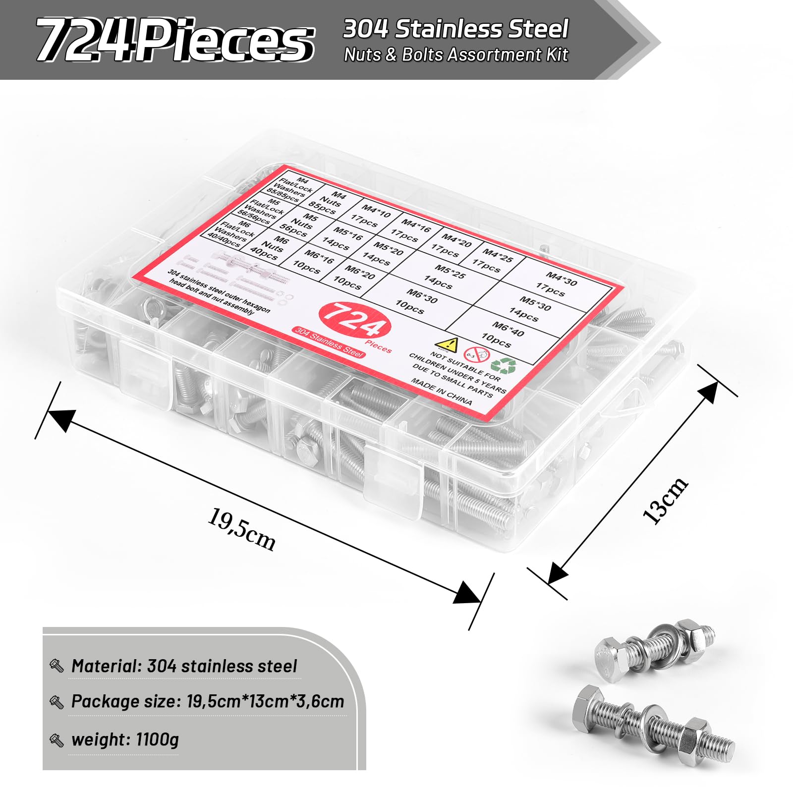LALAGO 724 Pcs M4 M5 M6 Juego de Tornillos y Tuercas Acero Inoxidable 304, Tornillo Cabeza Hexagonal, Hexágono Externo Pernos Tornillo, Hexagonal Pernos y Tuercas Arandelas