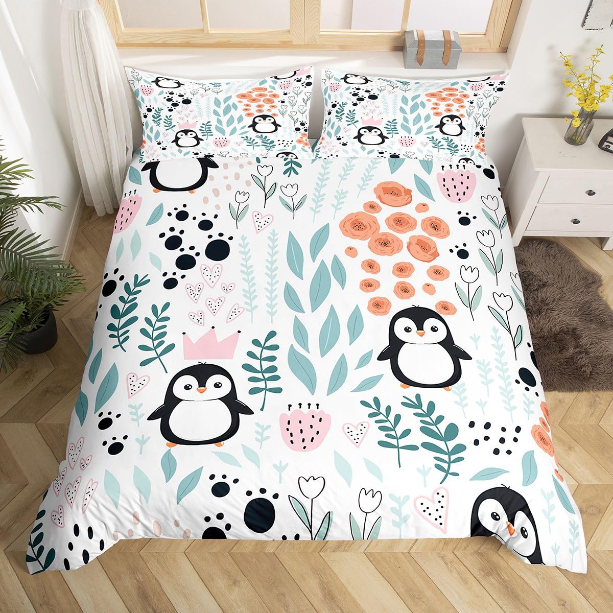 Erosebridal Kawaii Penguin Duvet Cover Twin,Cartoon Penguin Bedding Set for Kids Girls Boys,Cute Love Heart Leaf Flower Duvet Cover,Paw Print Wildlife