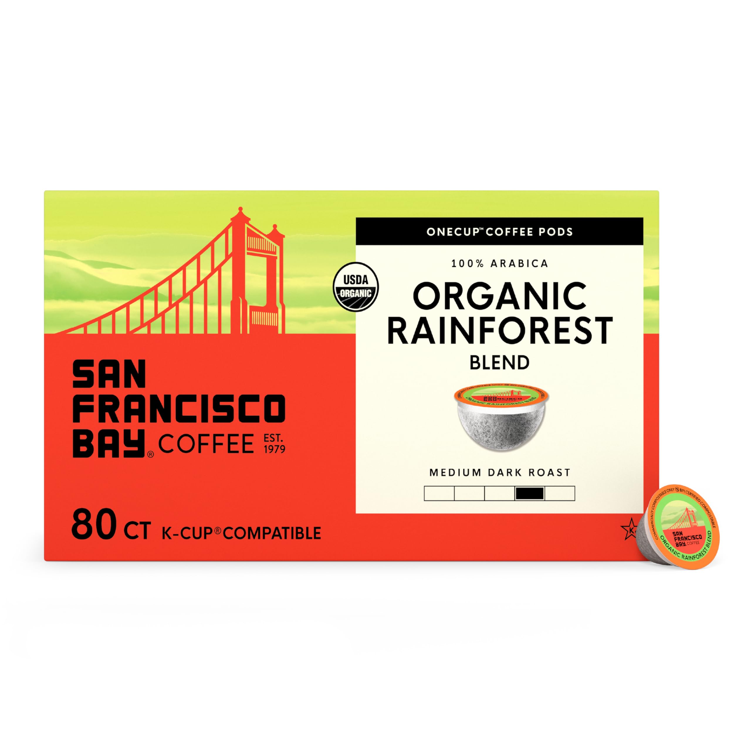 SF Bay Coffee OneCUP Organic Rainforest Blend 80 Ct Medium Roast Compostable Coffee Pods, K Cup Compatible including Keurig 2.0 (Packaging May Vary)