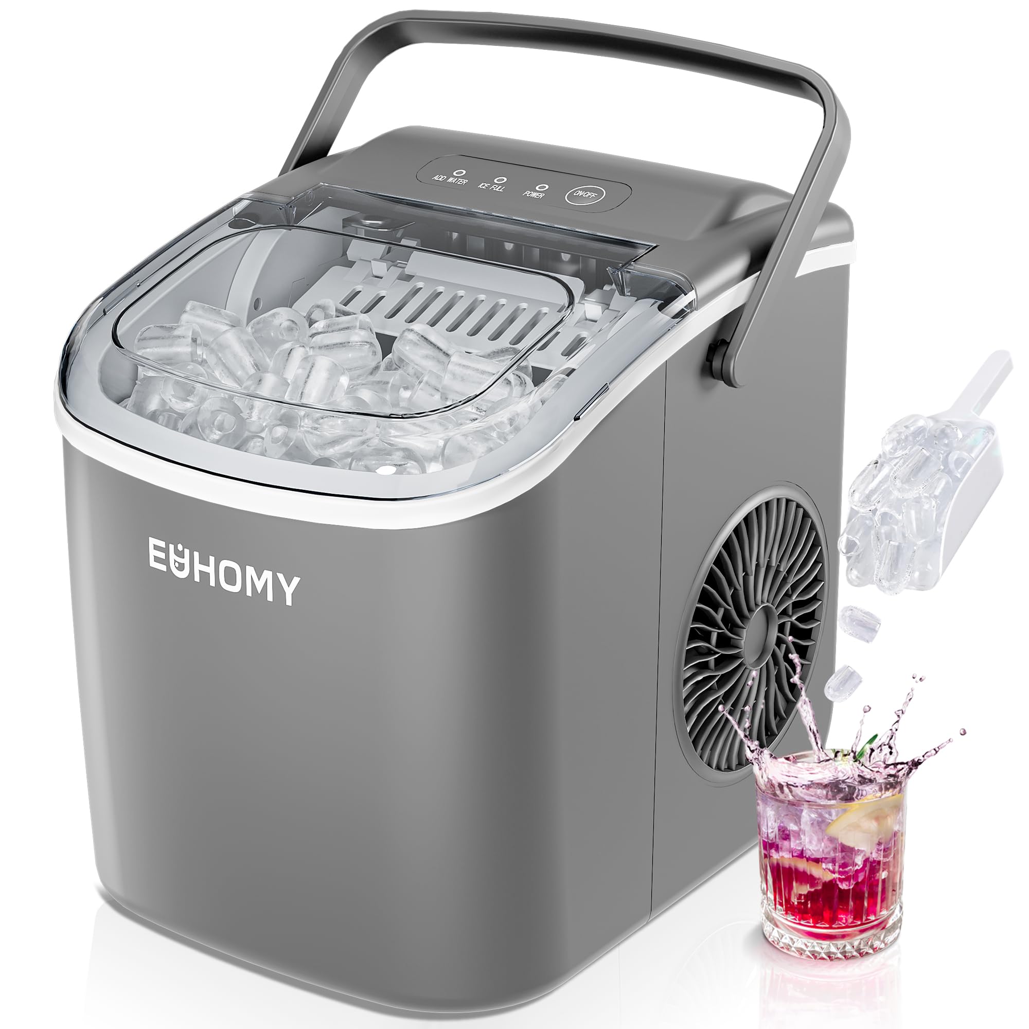 EUHOMY Ice Maker Machine Countertop with Handle, 26lbs/24H, 9 Bullet Ice Cubes Ready in 6 Mins, Auto-Cleaning, Portable Ice Maker with Basket and Scoop, for Home/Kitchen/Camping/RV. (Silver)