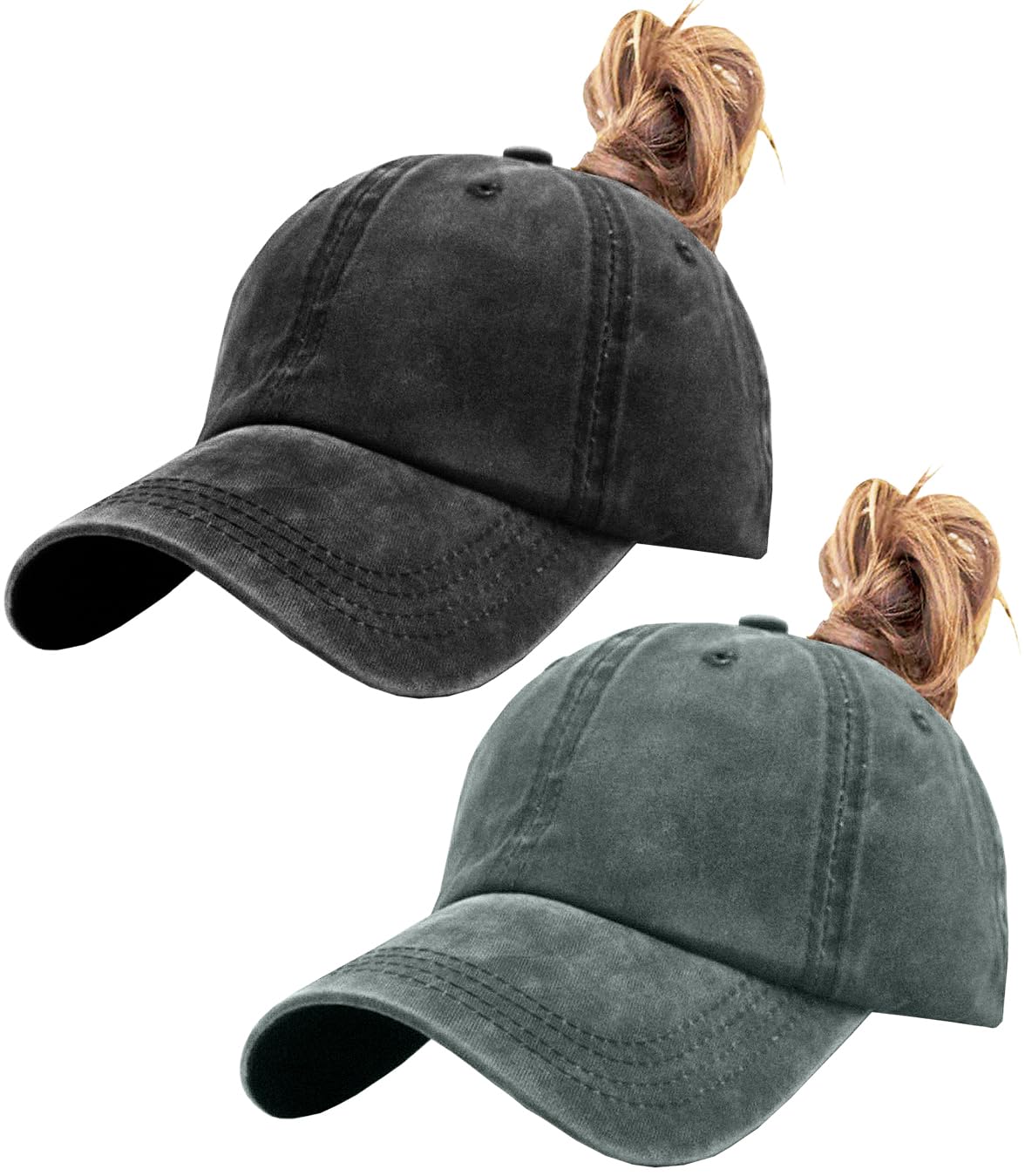 LCZTN FASHION 2 Pack Womens Vintage Washed Distressed Baseball-Cap with Ponytail Hole Sport Golf Hat (Black+Green)