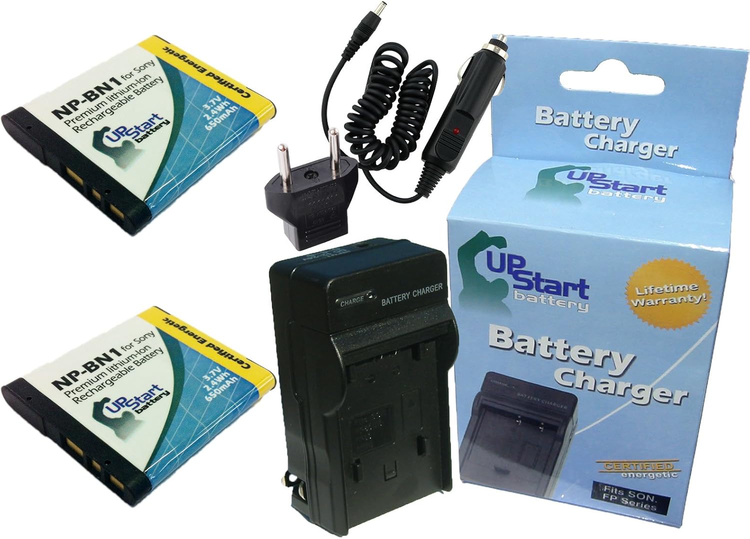 2 Pack - Replacement for Sony DSC-TX30P Battery + Charger with Car & EU Adapters - Compatible with Sony NP-BN1 Digital Camera Battery and Charger (650mAh 3.7V Lithium-Ion)