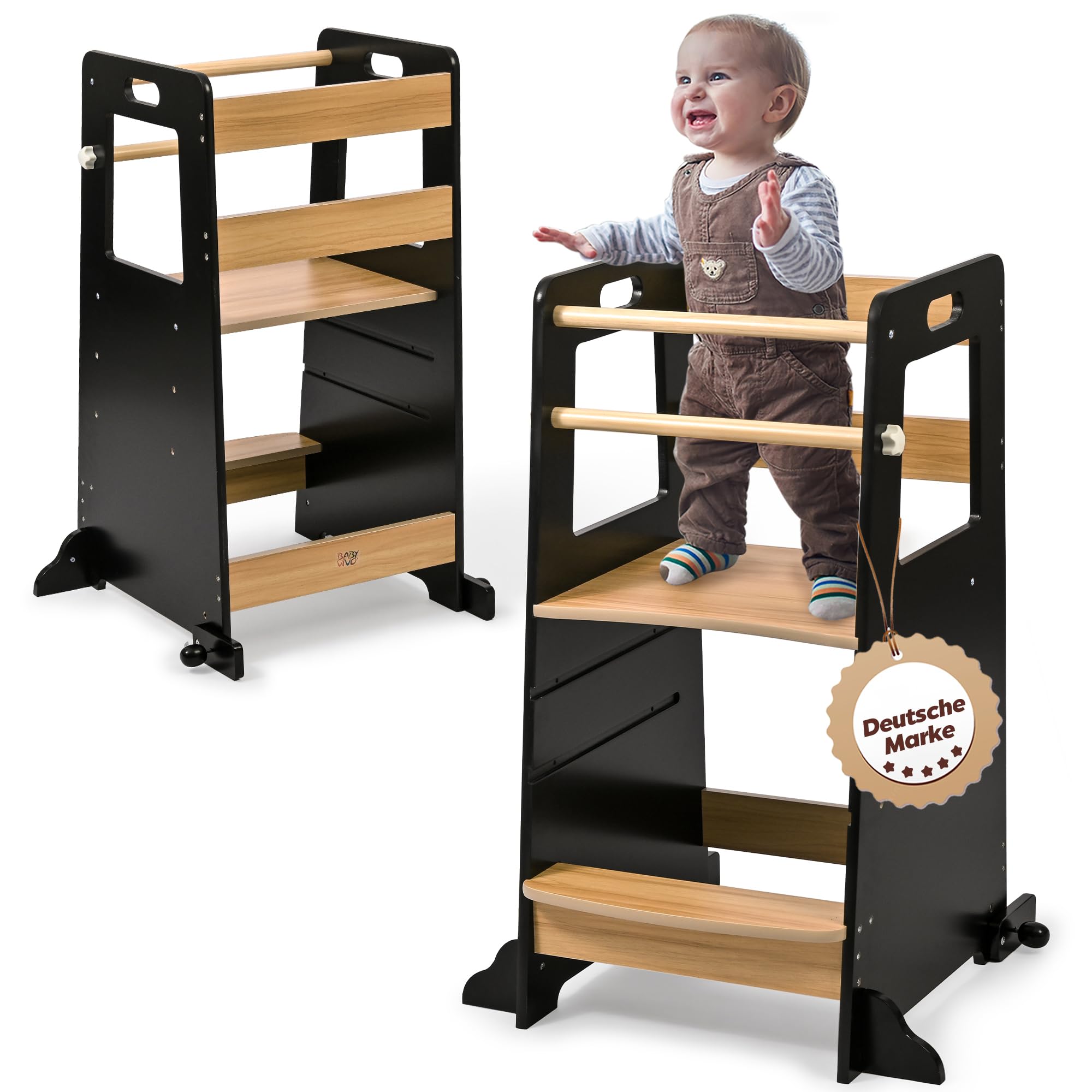 Baby Vivo Wieża edukacyjna z drewna z regulacją wysokości – ochrona przed przewróceniem się, meble kuchenne dla dzieci od 1 roku życia do 50 kg – wieża edukacyjna z 2 drążkami bezpieczeństwa,