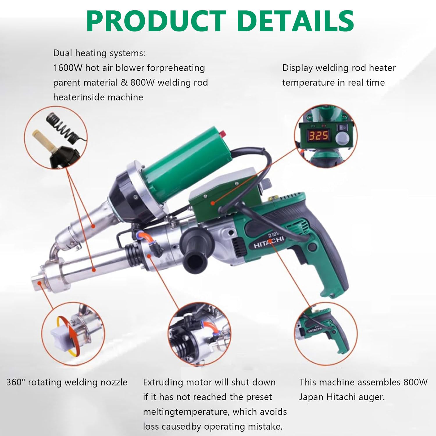 Extrusora de soldadura de plástico portátil de 1600 W, pistola de extrusión de aire caliente, pistola de soldadura de plástico, extrusora de soldadura para soldadura de láminas de PVC, HDPE y PP