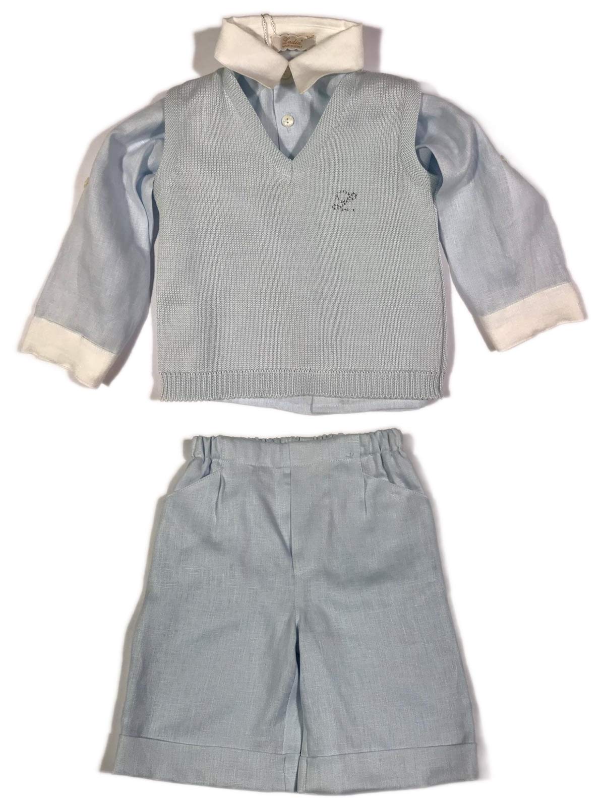 LADIA Completo Celeste-Bianco Bambino per Cerimonia/Battesimo 100% Cotone Filo di Scozia e Puro Lino 12 Mesi