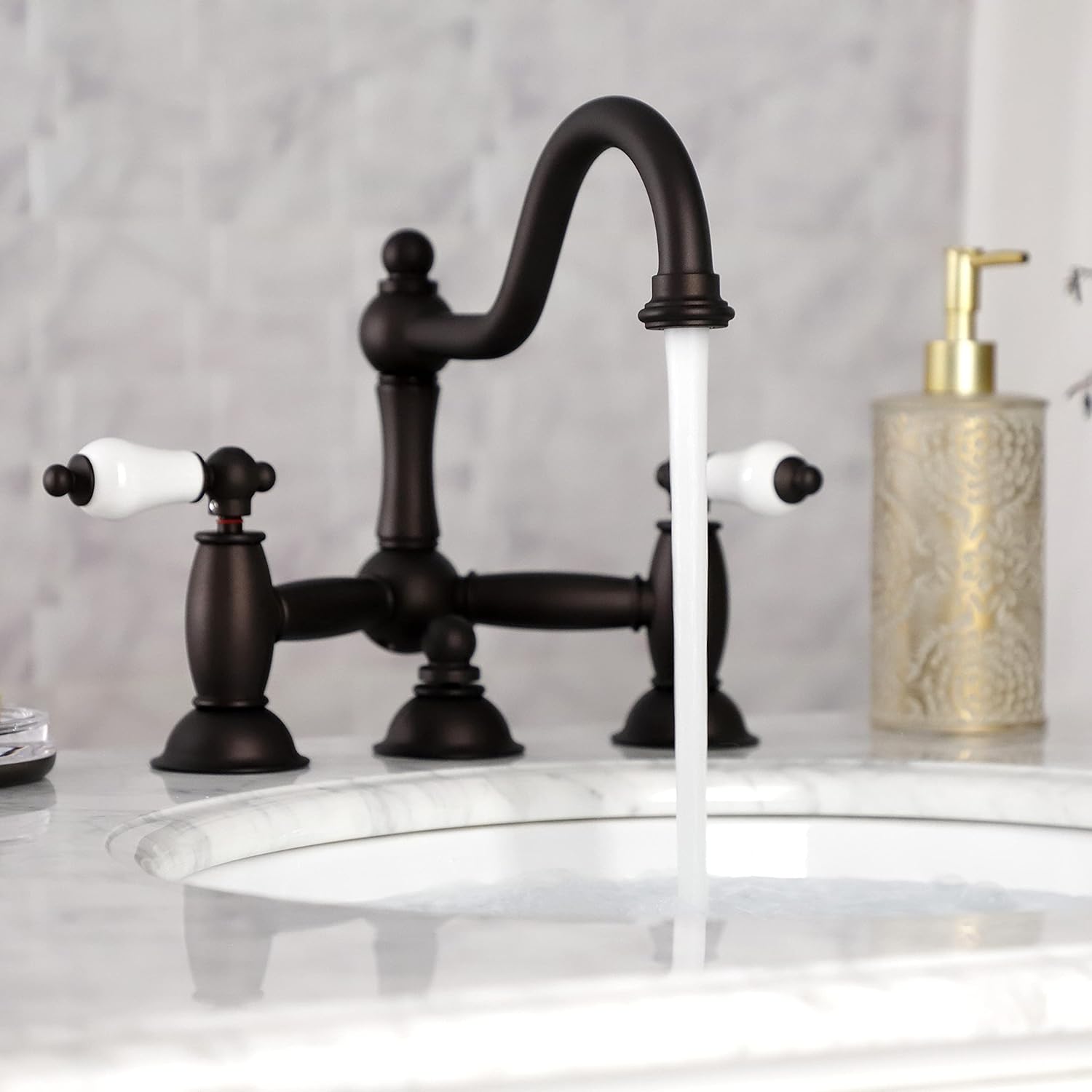 Weekly Top Sale Kingston Brass KS3915PL Restoration Widespread Lavatory Faucet with Porcelain Lever Handle, Oil Rubbed Bronze