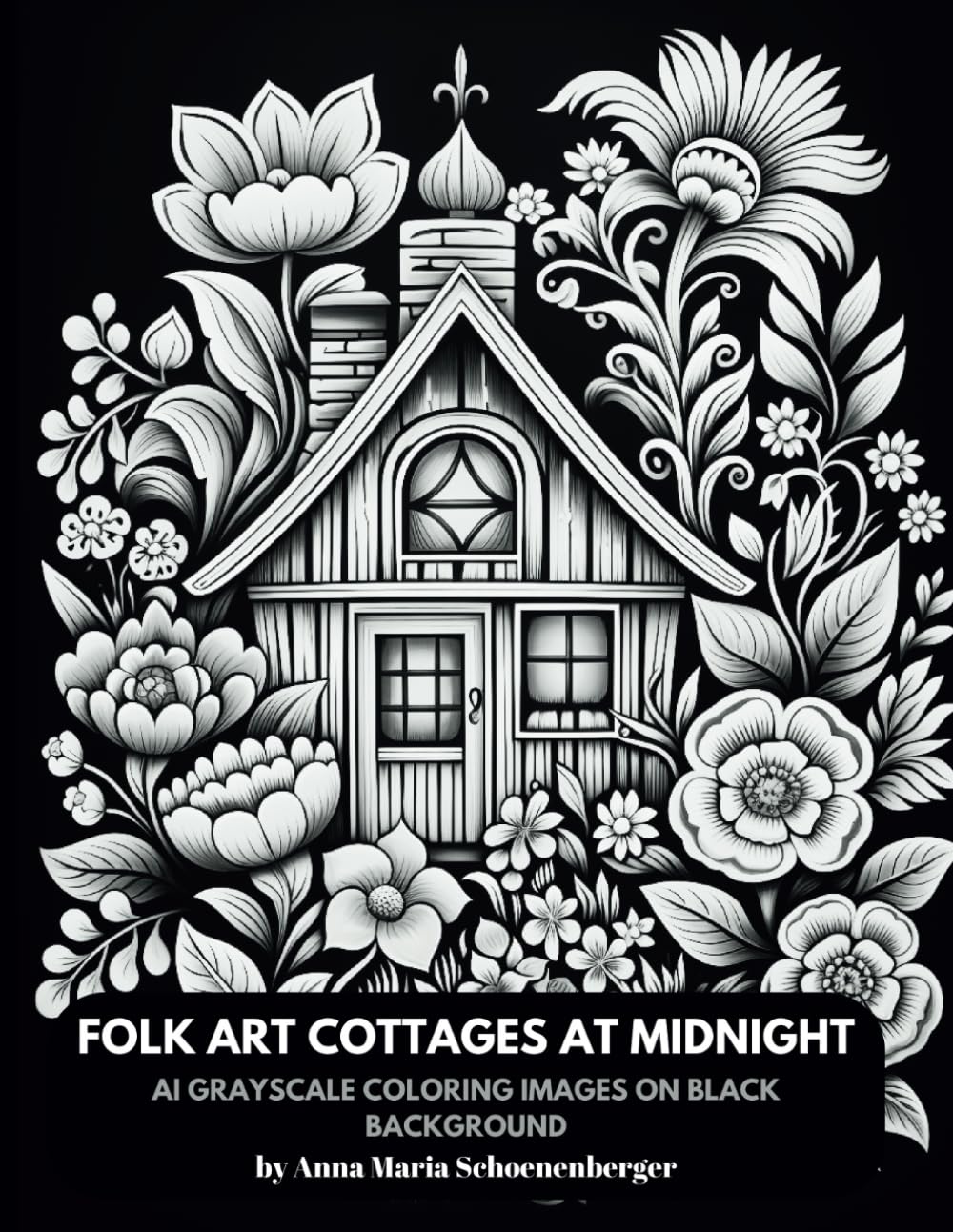 FOLK ART COTTAGES AT MIDNIGHT - AI Grayscale Coloring Book: on Black Background
