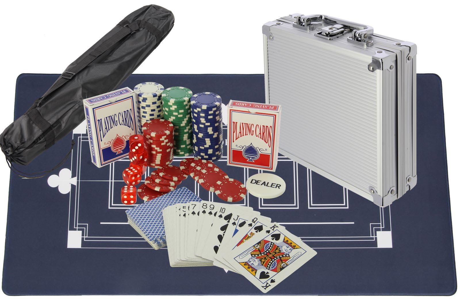 Texas Holdem Professional Poker Set with Casino Games Grade Chips & Spill Proof Neoprane Table Mat,2 Decks of Playing Cards, Dice and Aluminum Carry Case 100 300 or 500pcs (100pc Set with Table Mat)