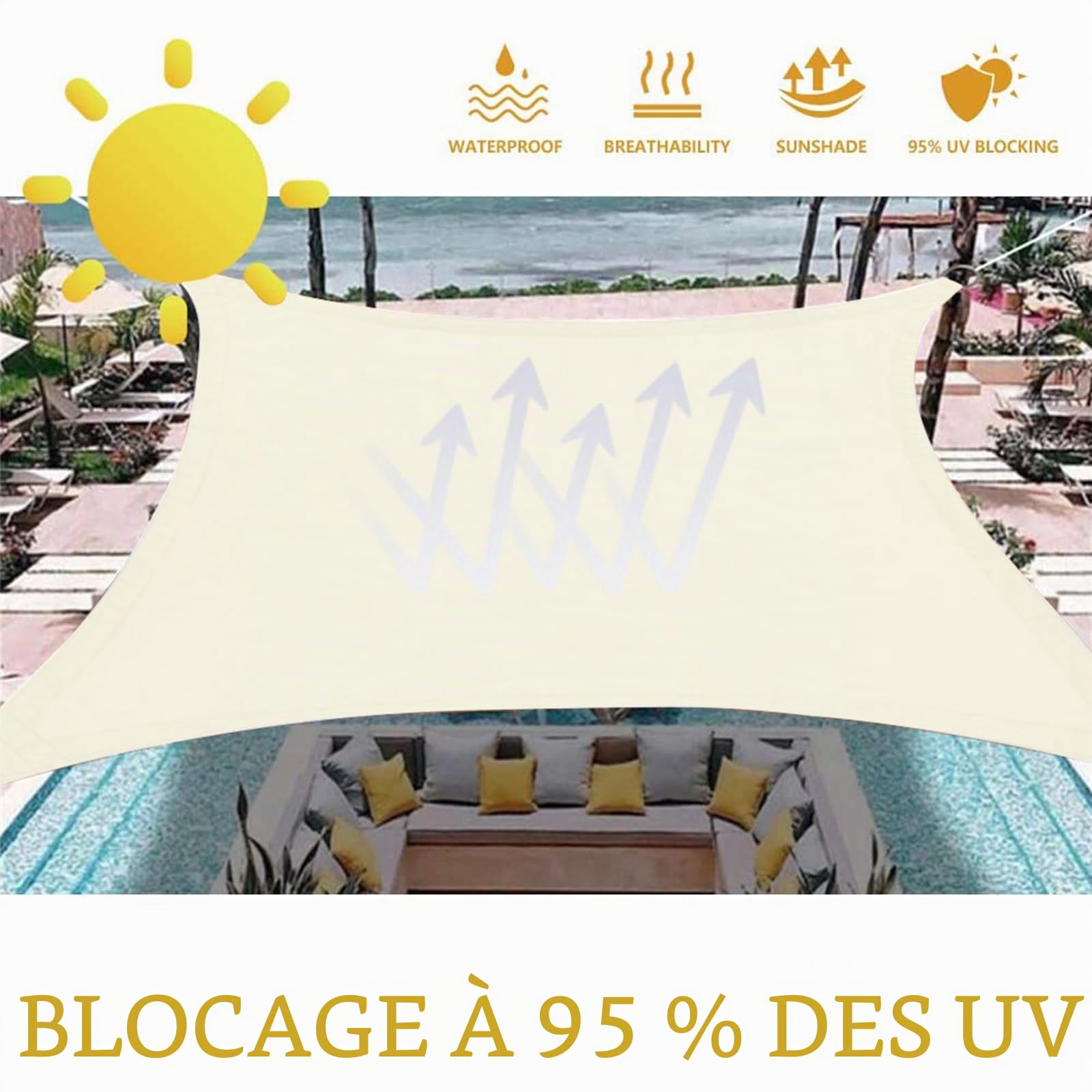 Dripex Voile d'ombrage Rectangulaire, 3x5M Toile Ombrage Imperméable Protection des Rayons UV à 95%, Auvent - Protection Solaire pour Jardin, Terrasse, Camping, Balcon (Beige)