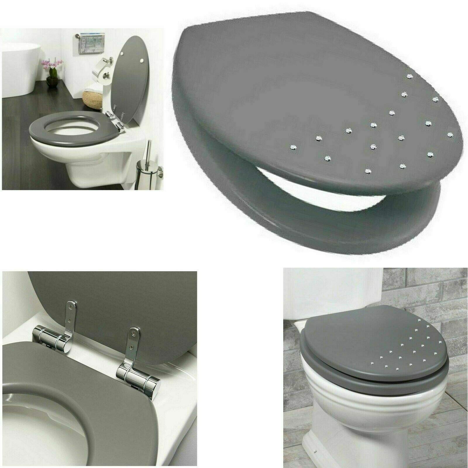 Luxury Diamante Wooden MDF WC Toilet SEAT with Chrome Hinges (Grey)