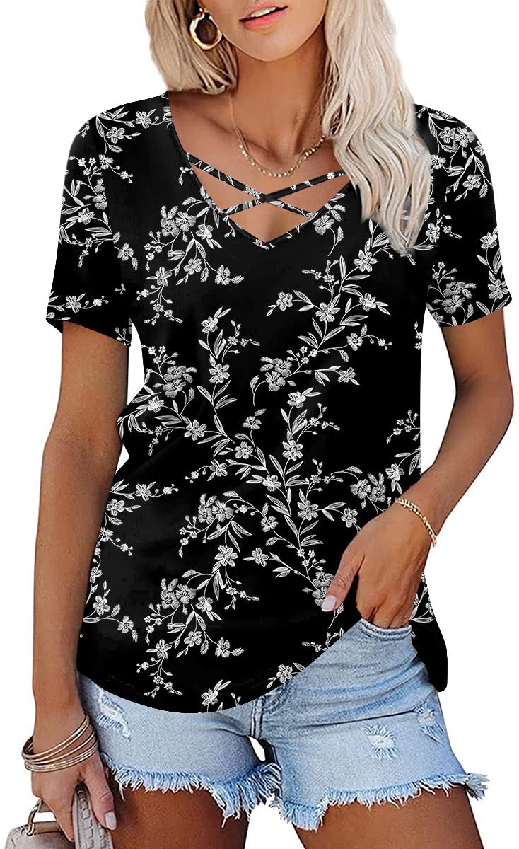 syoss Women's Casual Summer V-Neck Short Sleeve Tunic Top Criss Cross Comfort Blouse Shirts