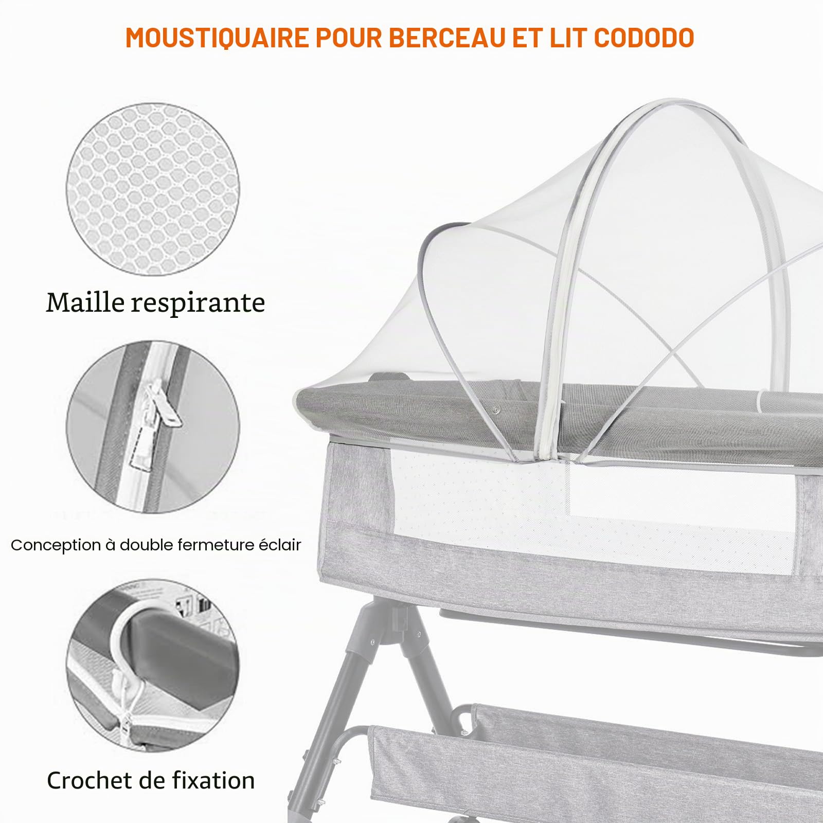 Moustiquaire Universelle pour Lit De Voyage, Bébé Près De Berceau, Fermeture Éclair Silencieuse, Accès Facile, Maille Fine pour Enfants, 100×55×55CM (Blanc)