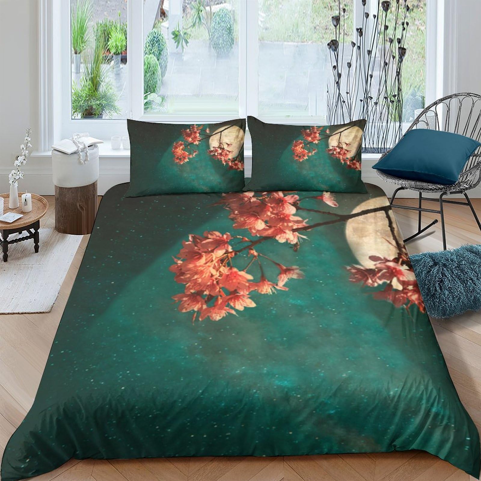 GPLZQXKJNH 3D Printed Autumn Leaves Moon Duvet Cover Microfiber Soft Green Bedding Set with 2 Pillowcases for Bedroom Home Single（135x200cm）