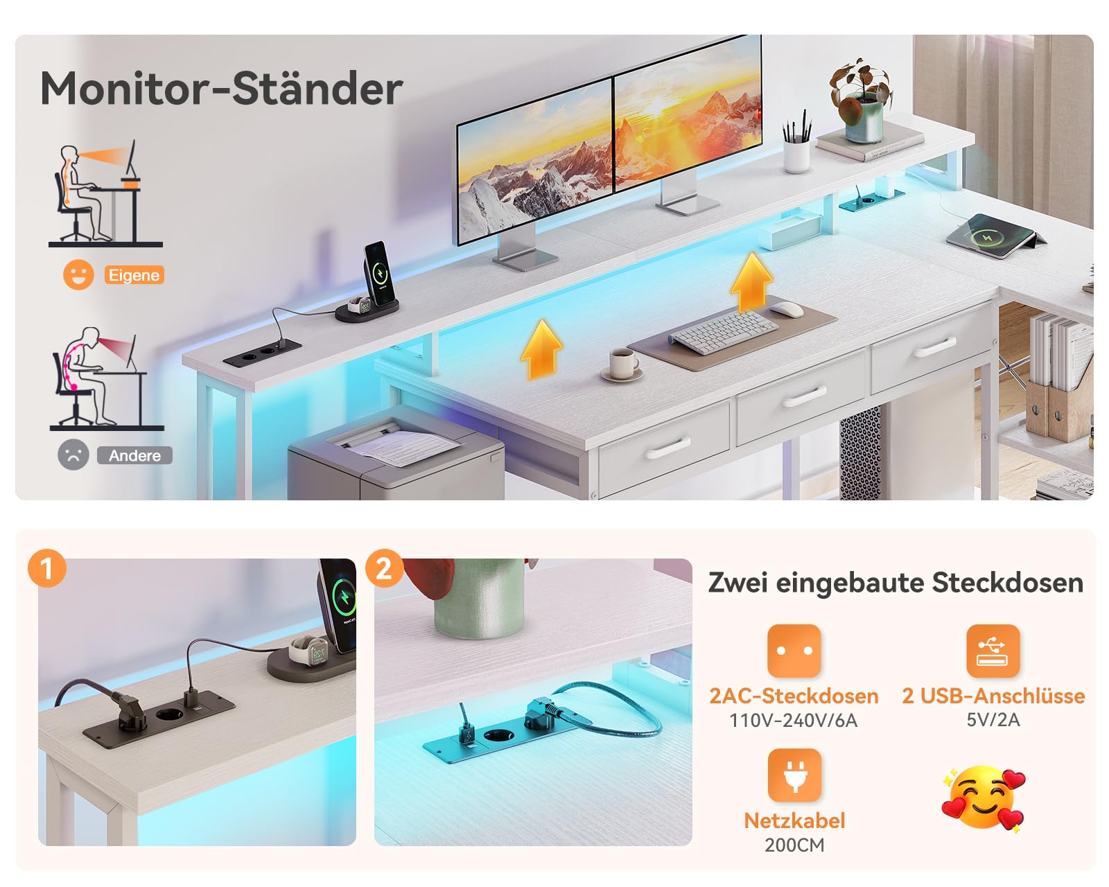 Coleshome Gaming Tisch mit 7 Schubladen & Großzügigem Stauraum, 179.5×135.5cm Eckschreibtisch mit RGB LED, Reversibler Schreibtisch L Form mit 2 Steckdosen, Ideal für Büro & Gaming, Weiß