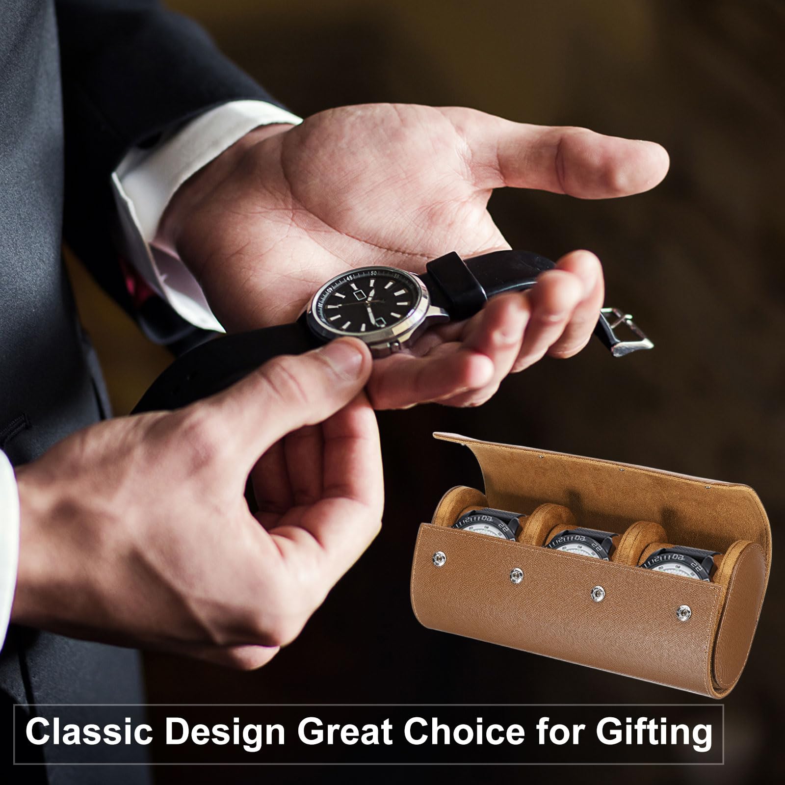 Custodia da viaggio arrotolabile per orologi con 3 scomparti, custodia portatile in pelle per orologi da uomo e da donna, organizer per orologi con cuscino rimovibile per viaggi, esposizione, verde