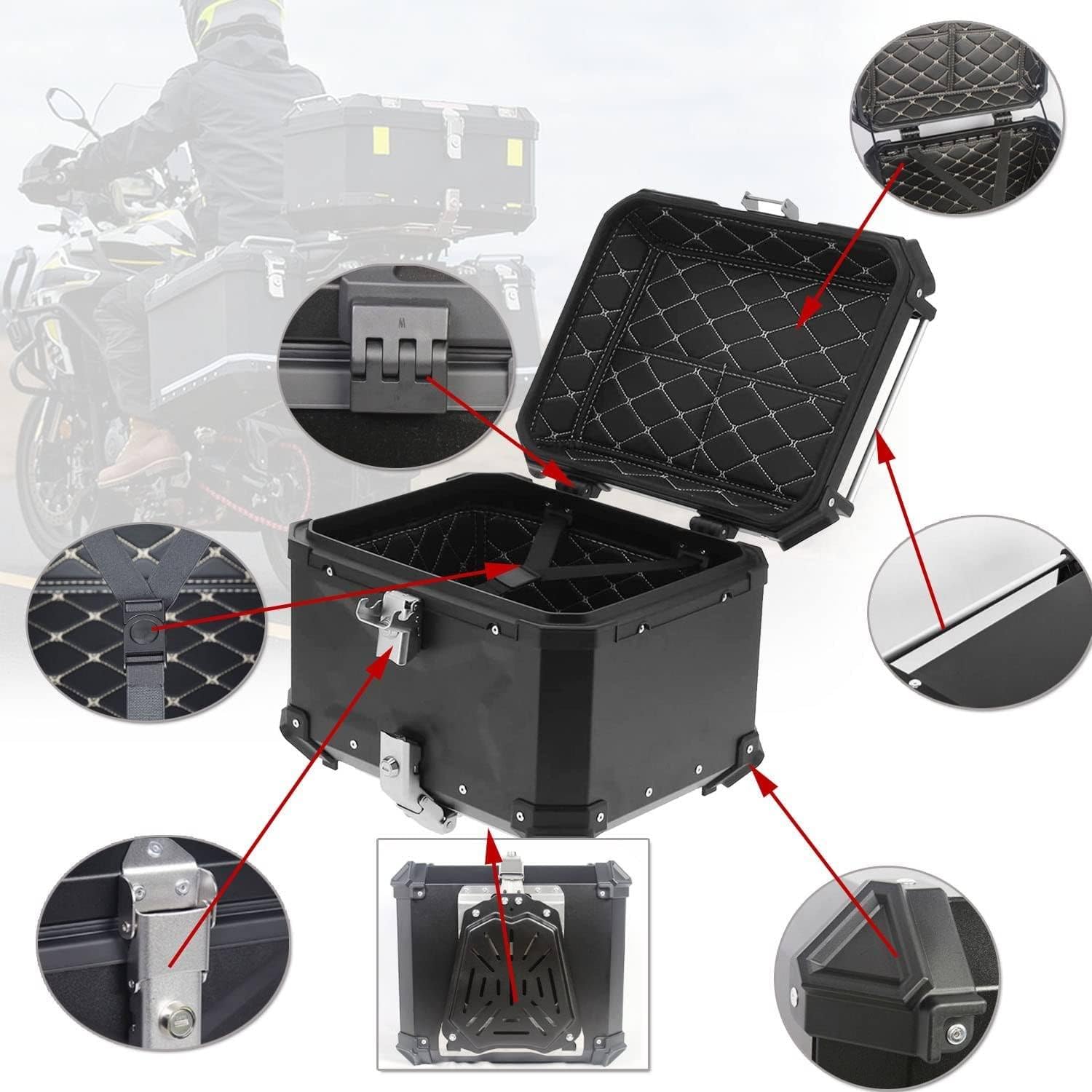 Bauletto impermeabile in alluminio per casco da moto, con blocco di sicurezza e piastra di base per moto