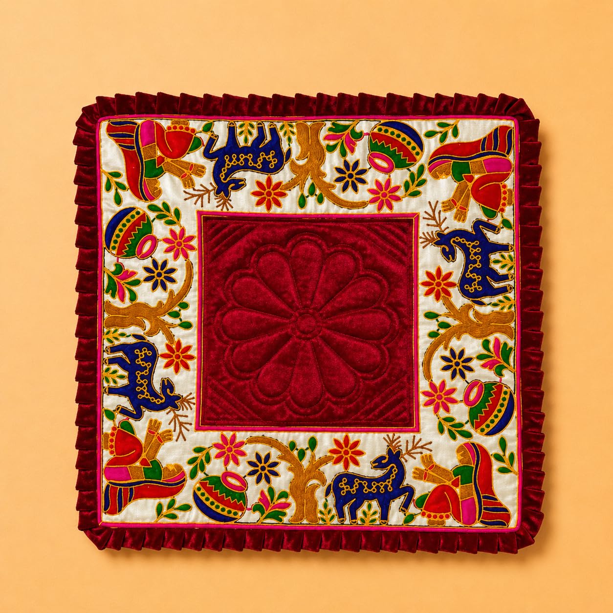 Pooja Asan Velvet Prayer Mat for Home Temple ⏐ Decorative Embroidered Puja Asan ⏐ Mandir Sitting Mat ⏐ Chowki Cloth for God Idol⏐ Meditation Seat (23 x 23 Inch, Pack of 1), Maroon-picture-19