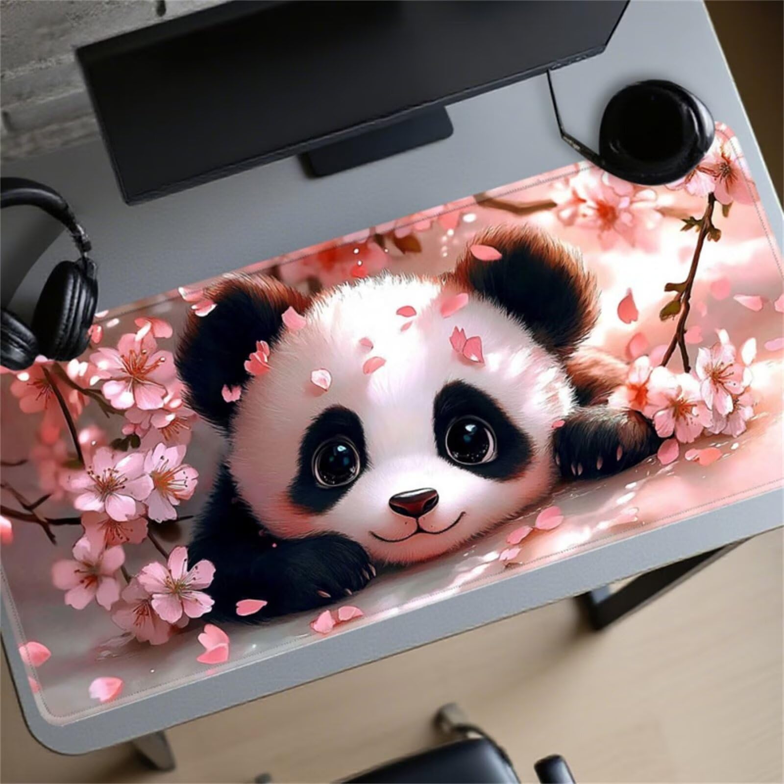 Grand Tapis de Souris de Jeu 1000x500x2 mm Mouse Pad Gaming Fleurs Panda Tapis de Bureau Antidérapant avec Bords Cousus pour Bureau, Études, Gamer