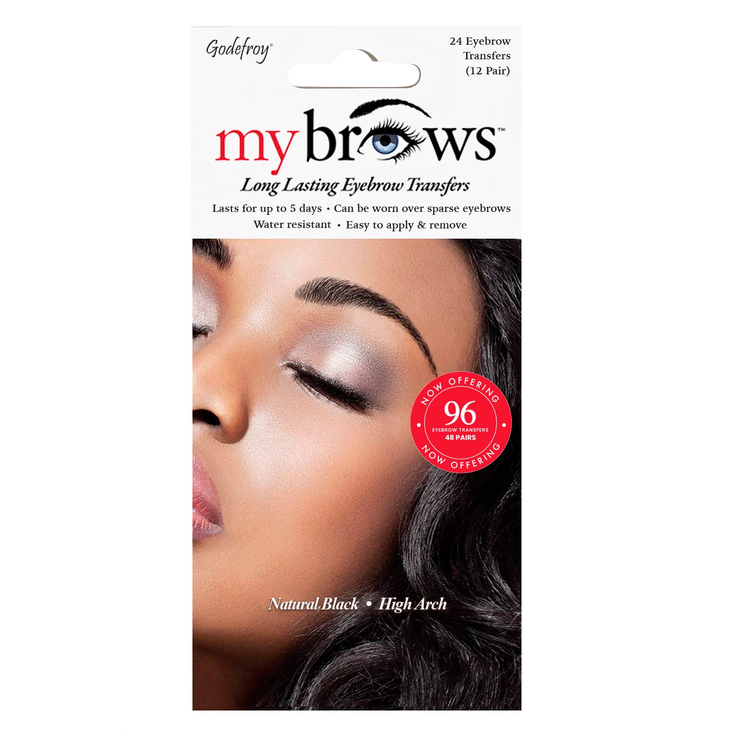 GodefroyMyBrows Long Lasting Eyebrow Transfers, High Arch, Natural Black, 48-Pairs of Brows (96 Individual transfers)
