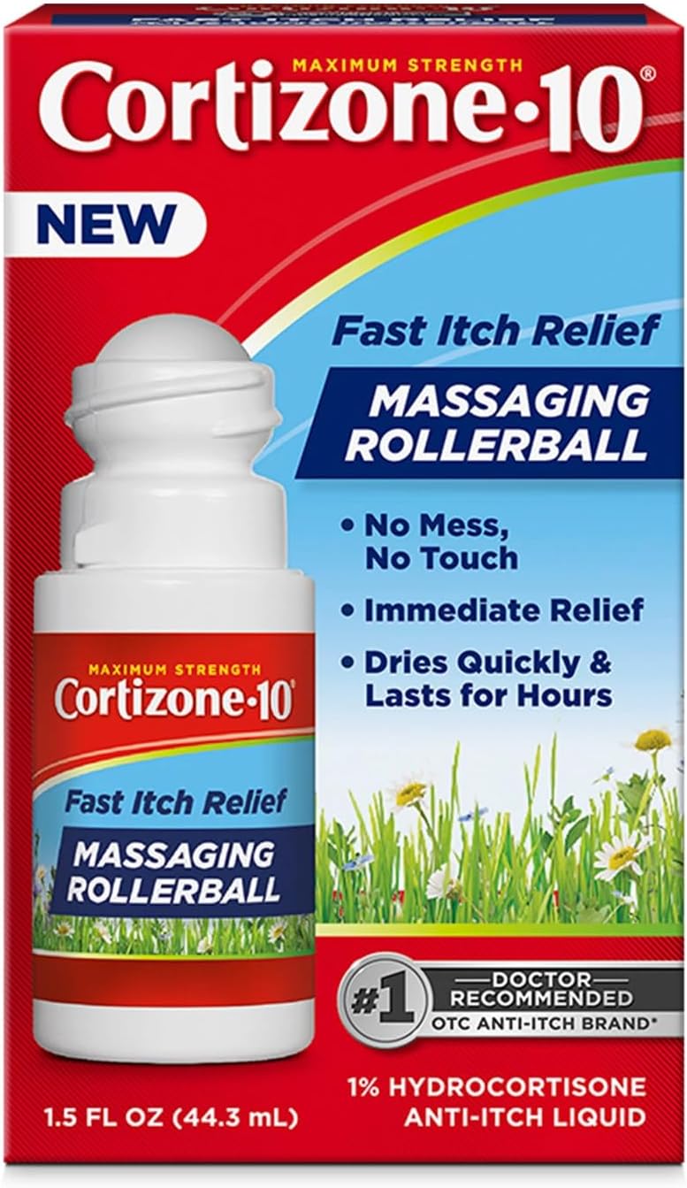 Cortizone-10 Maximum Strength Itch Relief Massaging Rollerball, 1% Hydrocortisone, Fast-Acting, Anti-Itch Liquid for Bug Bites, Rash, Eczema, Psoriasis, Poison Ivy, Oak, Sumac, 1.5 fl. oz Cortizone-10 Maximum Strength Itch Relief Massaging Rollerball, 1% Hydrocortisone, Fast-Acting, Anti-Itch Liquid for Bug Bites, Rash, Eczema, Psoriasis, Poison Ivy, Oak, Sumac, 1.5 fl. oz